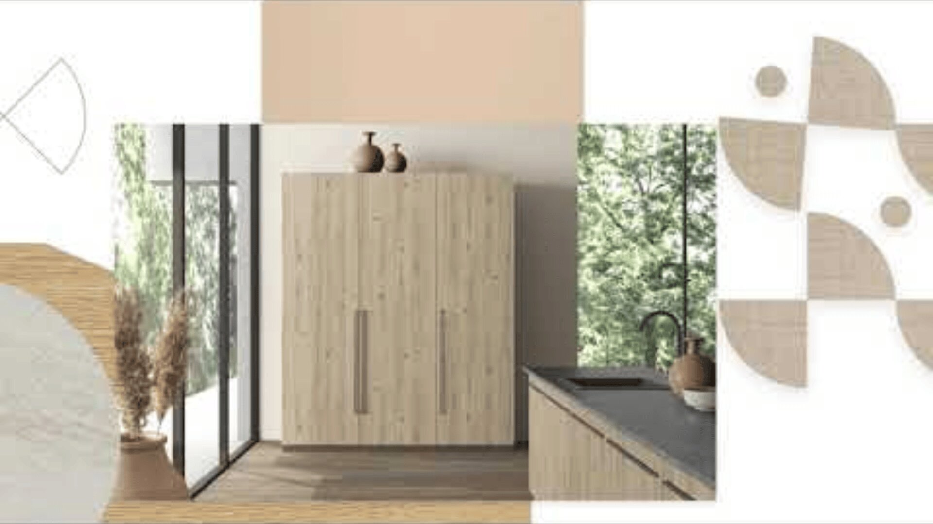 Moderne Küche mit hellen Holzschränken, schwarzer Theke mit Spüle, großen Fenstern, die Grünzeug im Freien zeigen, und minimalistischen Ziervasen; abstrakte geometrische Formen schmücken die Bildränder.