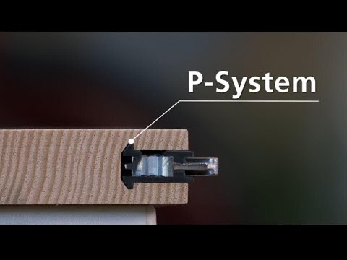 Un gros plan d'une planche en bois montre une section transversale détaillée avec un connecteur métallique P-System inséré ; une étiquette indique le connecteur avec le texte P-System.