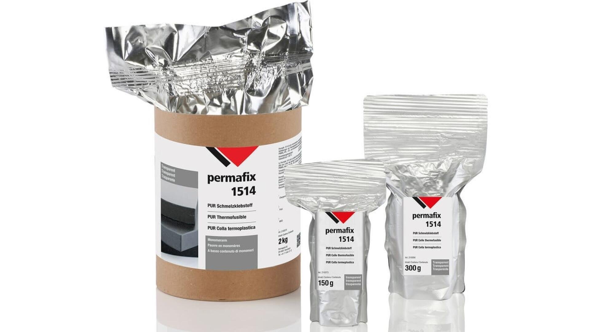 Trois paquets d'adhésif permafix 1514, dont un grand contenant brun et deux petits sachets argentés (150g et 300g), sont présentés sur un fond blanc.