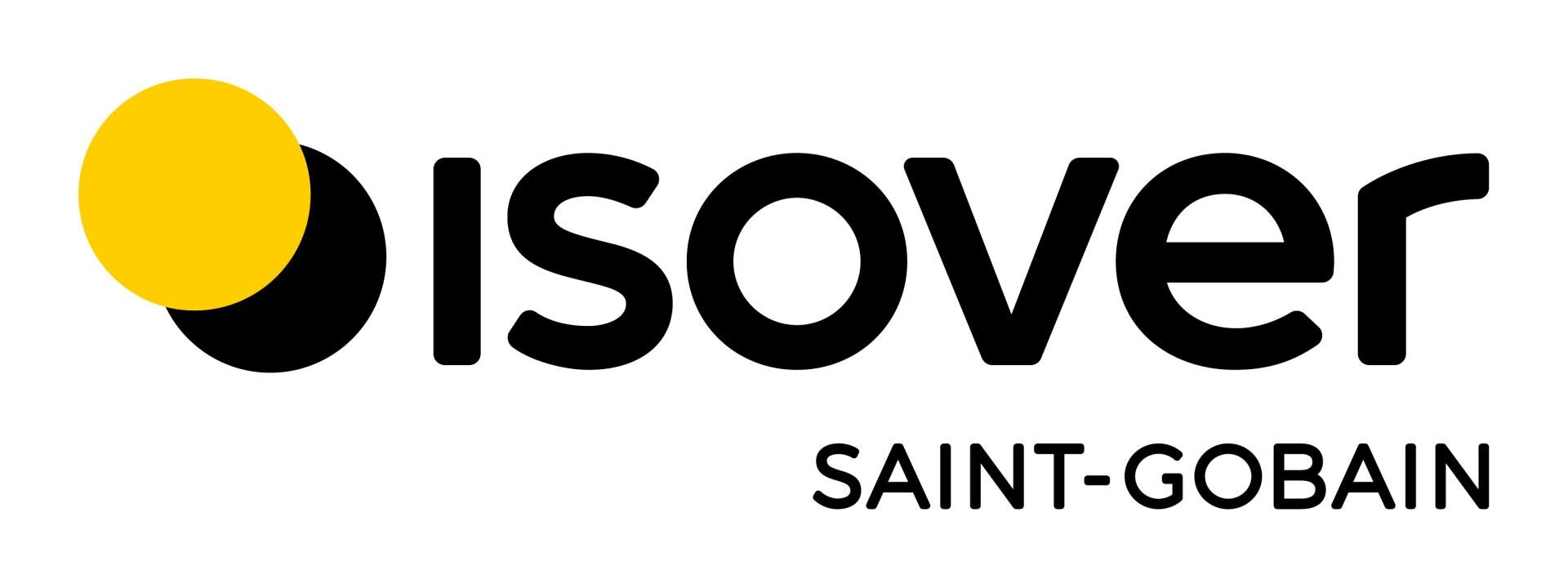 Das Isover-Logo zeigt das Wort isover in fetten schwarzen Buchstaben mit einem gelben Kreis, der einen schwarzen Kreis auf der linken Seite teilweise überlappt. Unterhalb von isover erscheint in kleineren schwarzen Buchstaben der Text SAINT-GOBAIN.