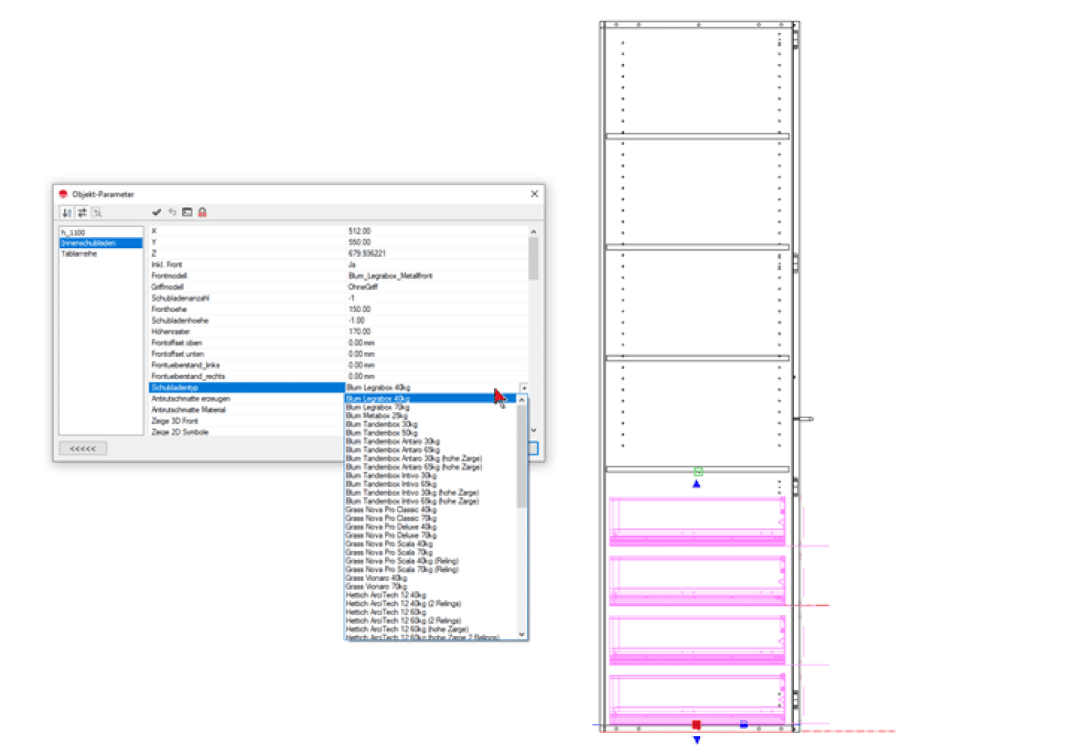 Ein Screenshot zeigt eine Softwareoberfläche mit einem Objektparameterfenster auf der linken Seite, das ein Dropdown-Menü mit verschiedenen Optionen anzeigt, und einer technischen Zeichnung eines mehrstöckigen Gebäudes auf der rechten Seite.