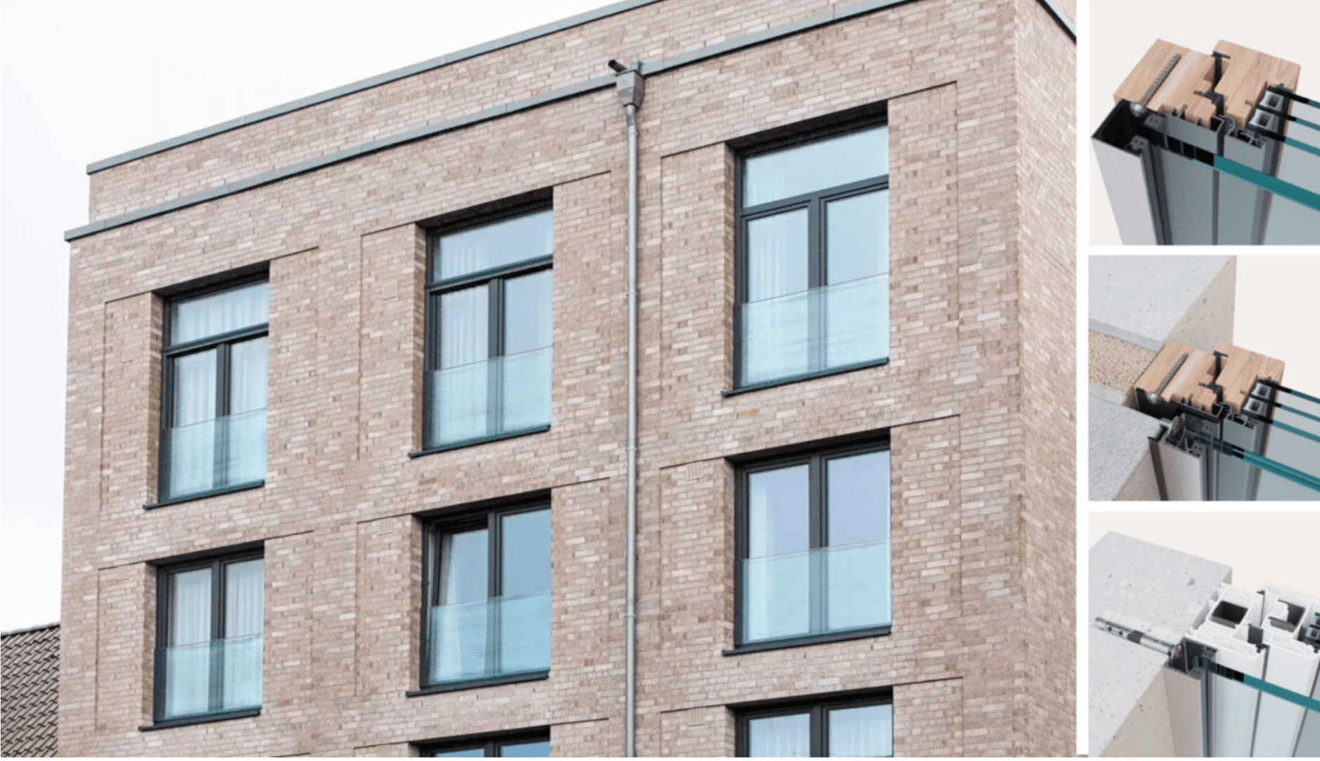 Ein modernes Backsteingebäude mit großen Fenstern und Glasgeländern. Rechts zeigen drei Nahaufnahmen die Details des Fensterrahmens und der Glasinstallation.