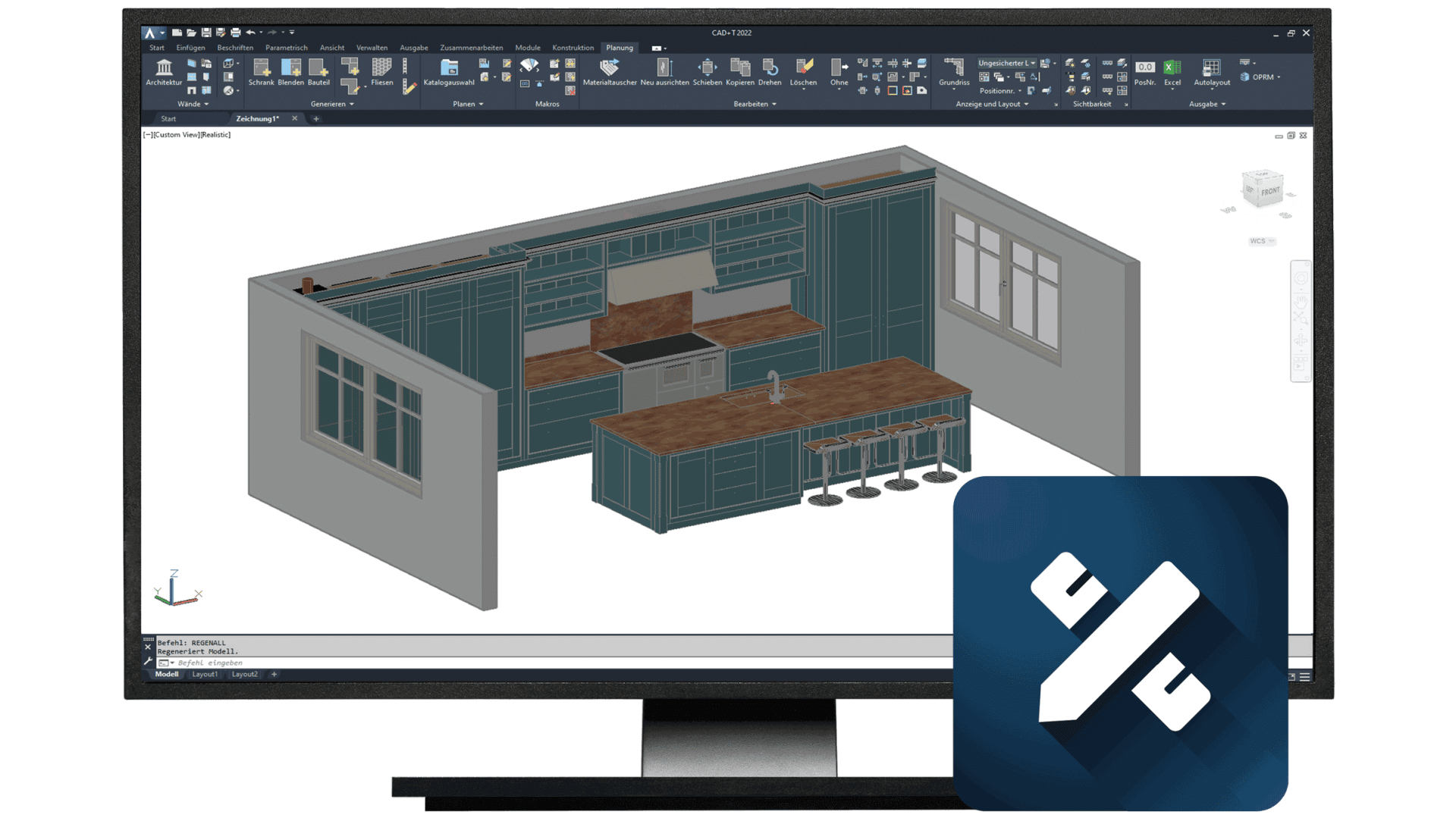 Ein Computermonitor zeigt eine 3D-Küchenplanungssoftware mit tealfarbenen Schränken und einer Holzinsel. In der unteren rechten Ecke erscheint ein Symbol mit einem weißen geometrischen Zeichen auf blauem Hintergrund.