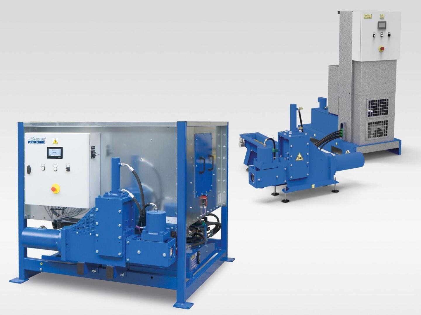 Auf weißem Hintergrund sind drei Industriemaschinen abgebildet, die hauptsächlich blau und grau sind. Zu den Geräten gehören Schalttafeln, Schutzgehäuse und verschiedene mechanische Komponenten.