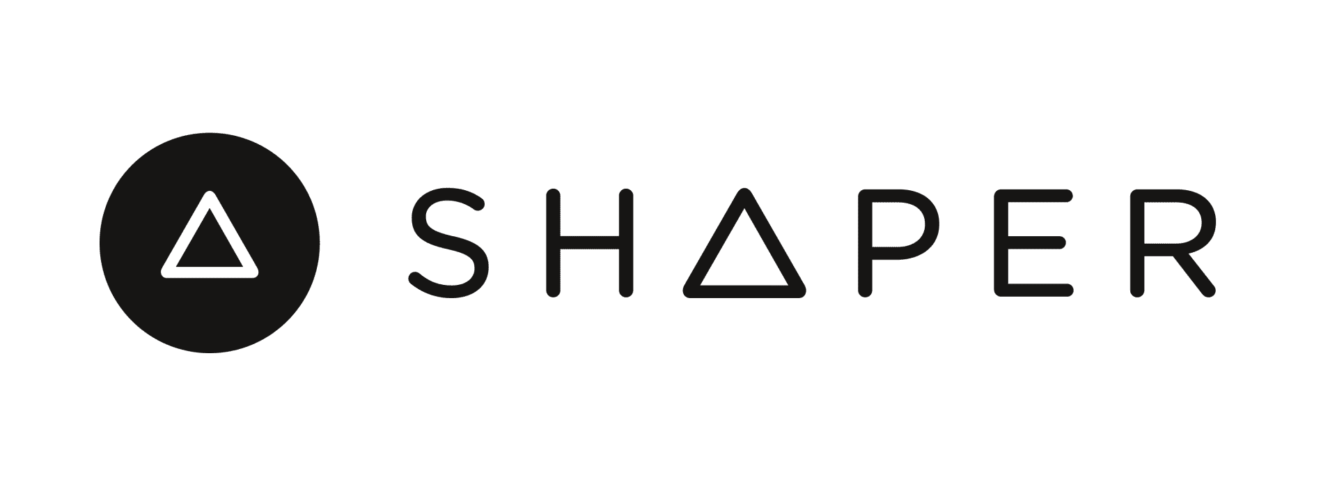 Logo noir et blanc avec un cercle noir contenant un triangle blanc, suivi du mot SHAPER en écriture moderne, le A étant représenté par un triangle.