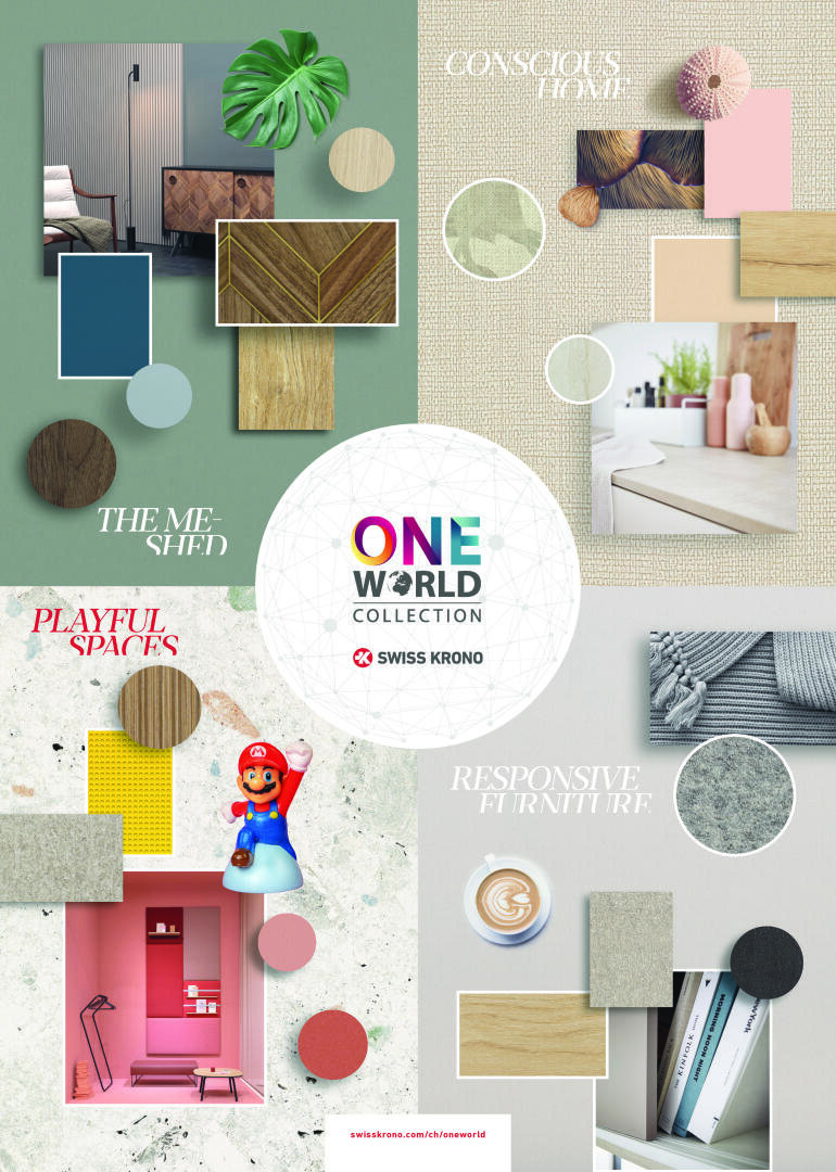 Ein Moodboard mit vier Designthemen - The Meshshed, Conscious Home, Playful Space's und Responsive Furniture - jeweils mit Farbmustern, Texturen, Dekorationsartikeln und dem ONE WORLD Swiss Krono Collection Logo in der Mitte.