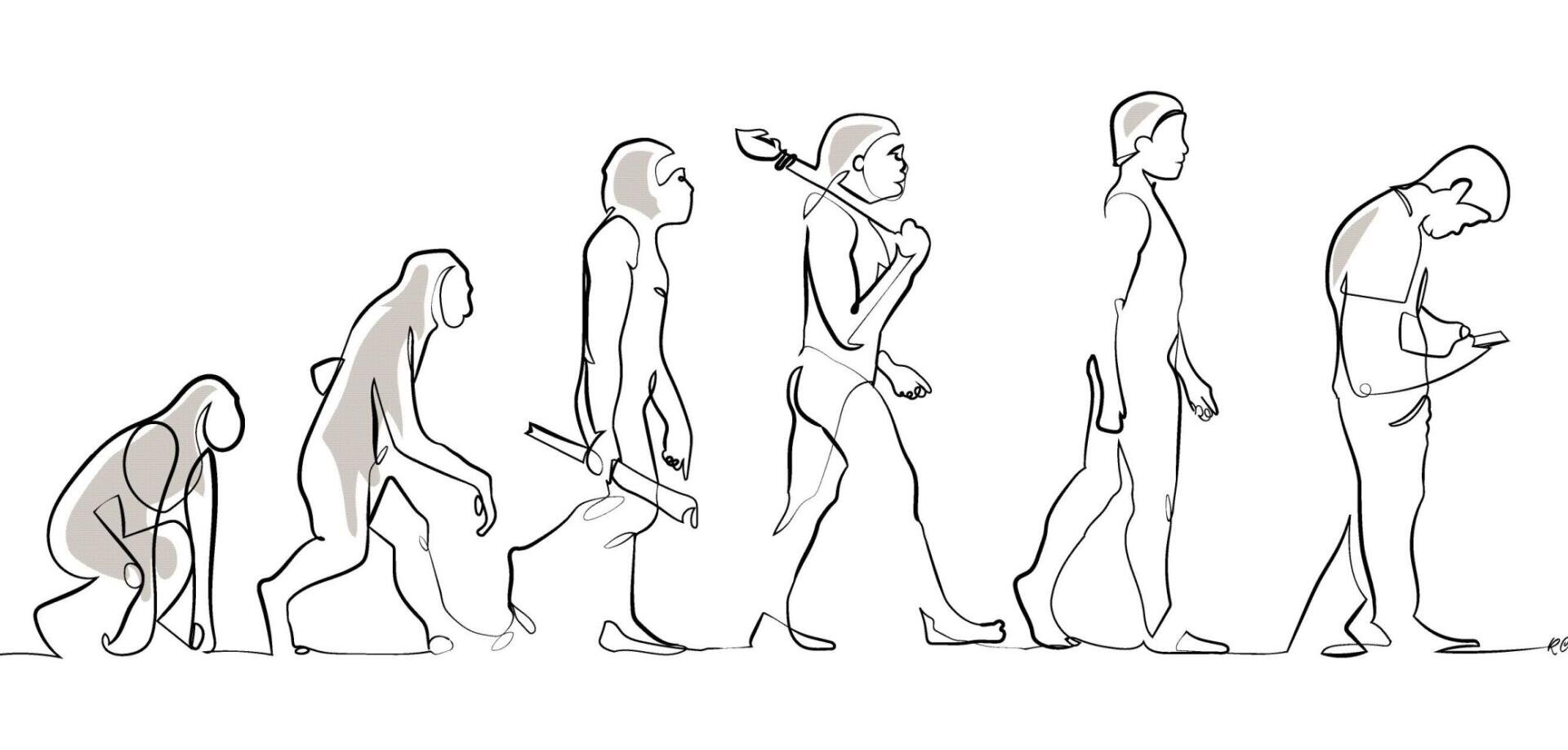 Eine minimalistische Strichzeichnung, die die menschliche Evolution zeigt: vom kauernden Affen über den aufrechten Frühmenschen, der Werkzeuge benutzt, bis hin zum modernen Menschen, der zusammengekauert auf sein Smartphone schaut.