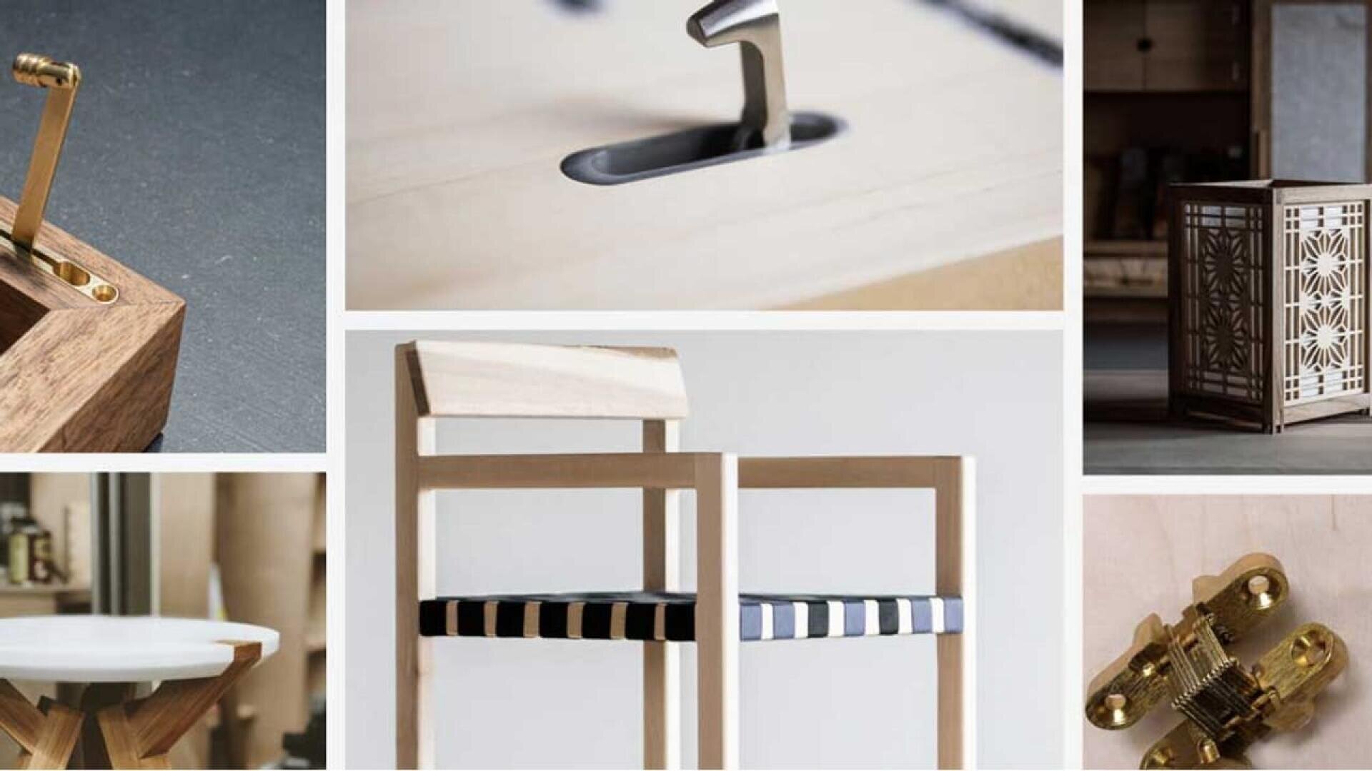 Collage de meubles modernes en bois et de ferrures, comprenant un gros plan d'un loquet métallique, une paire de chaises minimalistes en bois, une armoire à motifs géométriques, ainsi que divers détails de conception et composants de ferrures.