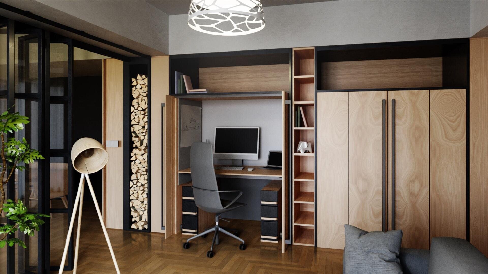 Ein modernes Heimbüro mit einem Schreibtisch aus Holz, einem Computer, einem ergonomischen Stuhl, Regalen, Schränken und gestapeltem Brennholz. Es gibt eine Stativlampe, eine Deckenleuchte und eine Pflanze in einem hellen, gemütlichen Raum.