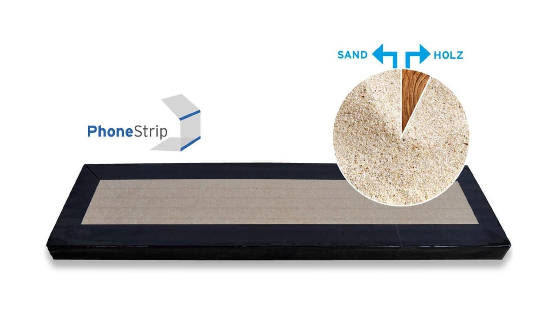 Un tapis rectangulaire étiqueté PhoneStrip avec un encart circulaire montrant un diagramme circulaire de composition : principalement du sable avec une petite section étiquetée Holz (bois). Des flèches bleues pointent vers chaque section de l'encart.