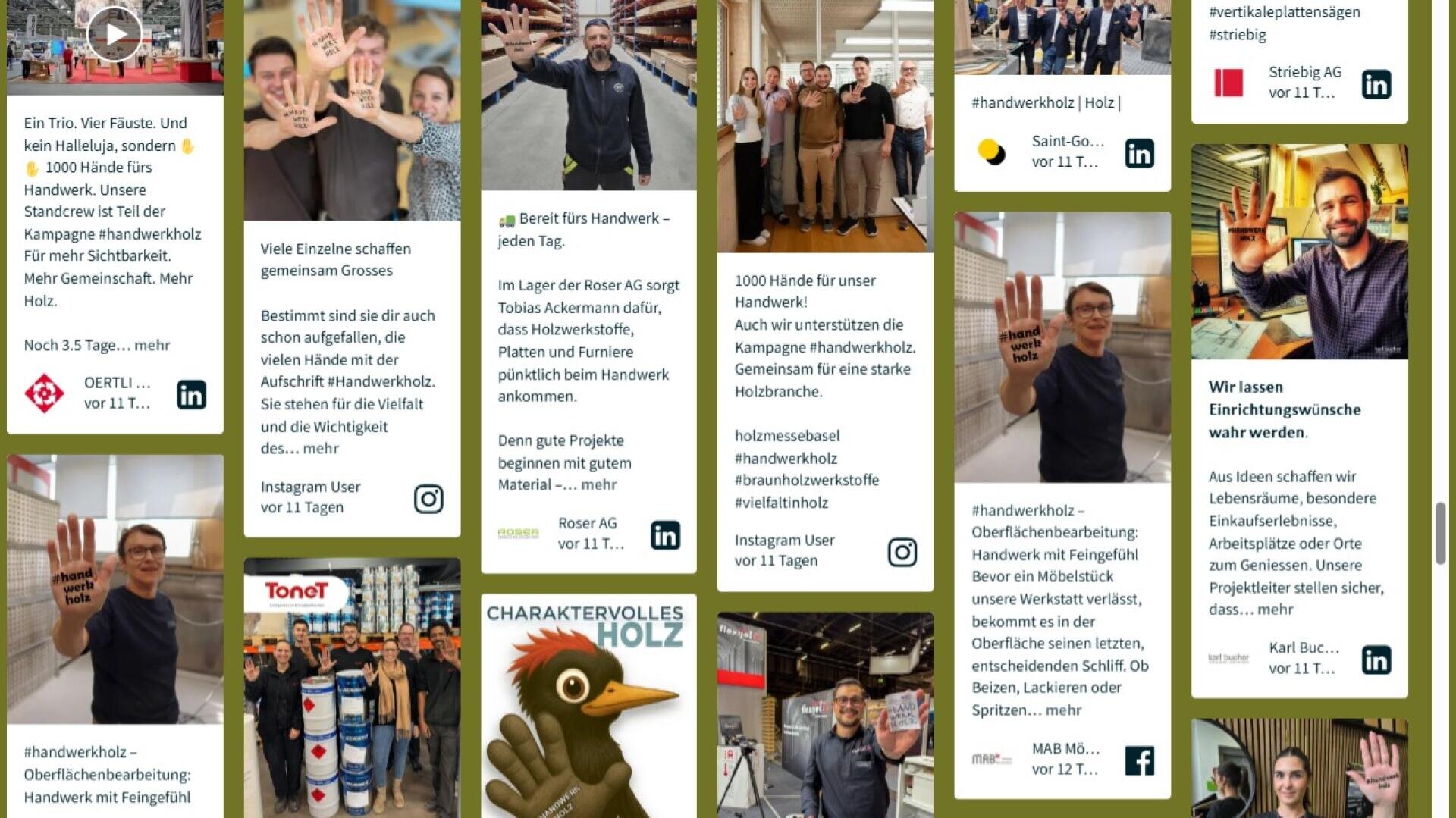Eine Collage aus Social-Media-Beiträgen zeigt lächelnde Menschen, die eine Hand mit einem Schriftzug hochhalten und das Handwerk feiern. Es sind Gruppen- und Einzelfotos, Texte auf Deutsch und verschiedene Logos und Hashtags zu sehen.