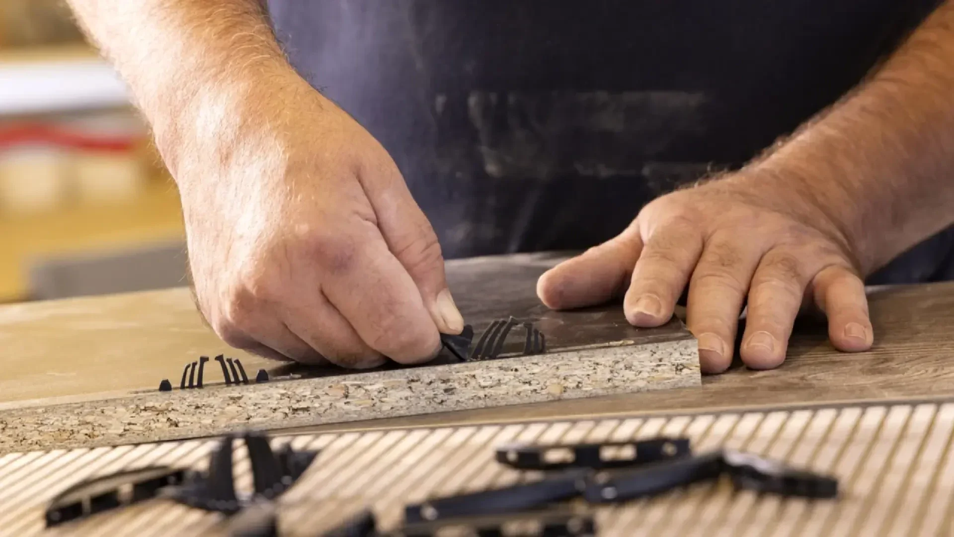 Gros plan des mains d'une personne appliquant de la colle noire ou de l'adhésif à l'aide d'un petit outil sur le bord d'une planche de bois, en vue d'un assemblage dans le cadre d'un projet de menuiserie ou d'ébénisterie.