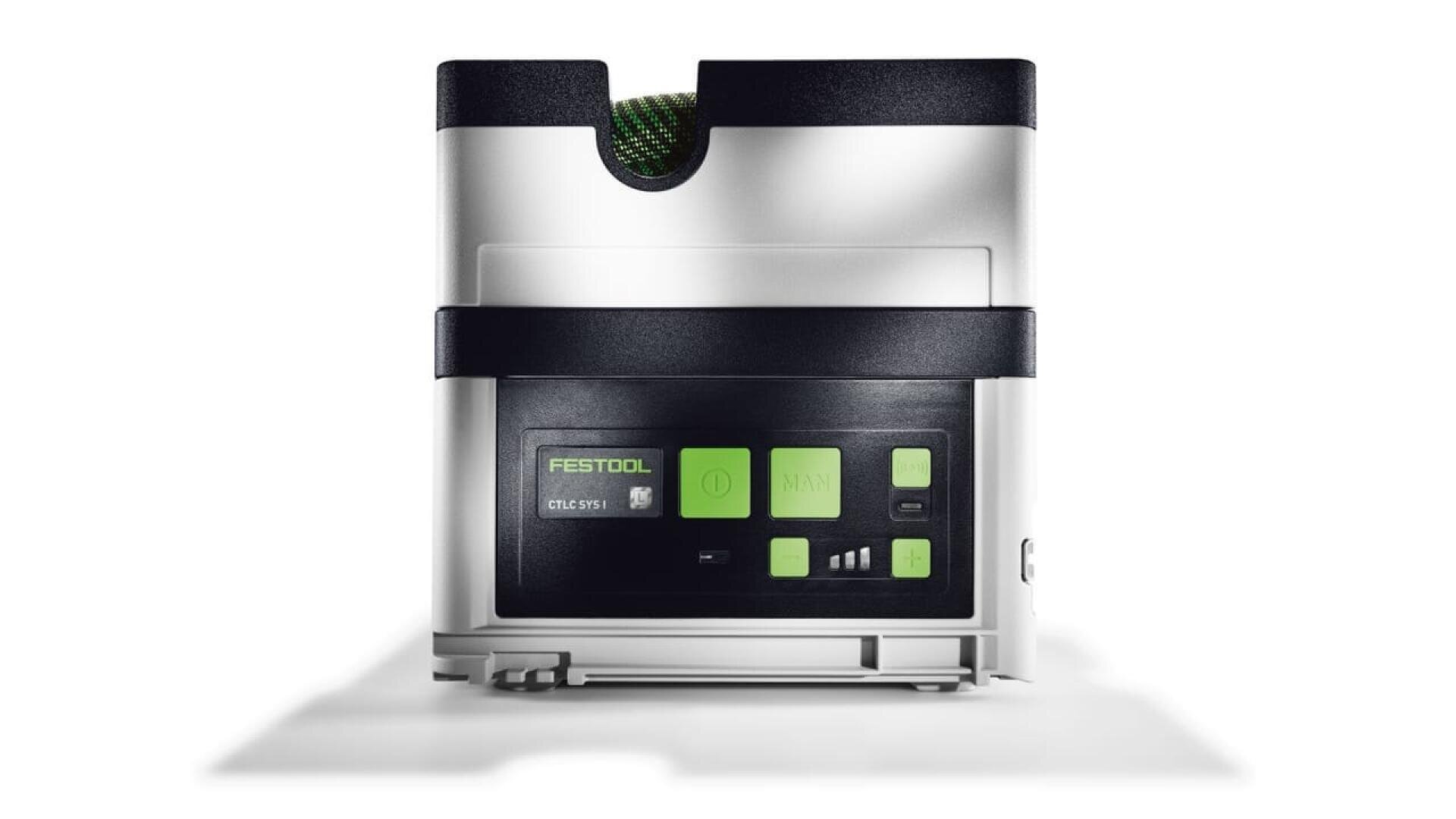 Un appareil Festool doté d'un écran numérique et de plusieurs boutons verts à l'avant, avec un design compact, en forme de boîte, aux accents noirs et argentés.