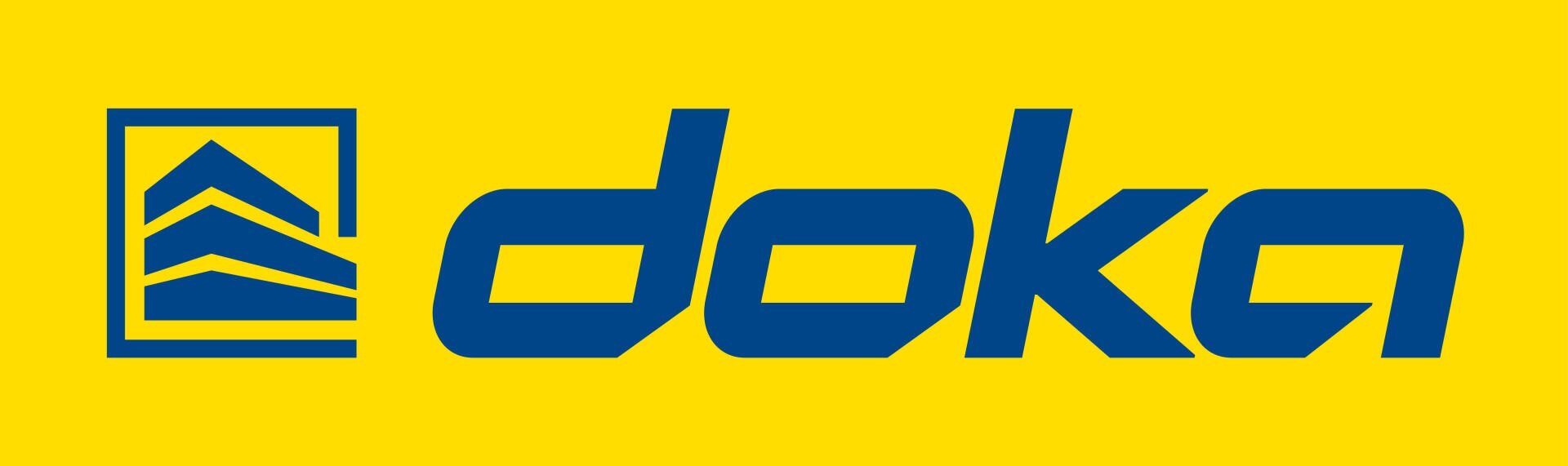 Doka-Logo mit stilisierten blauen geometrischen Formen, die an Bauformen im Inneren eines Kastens erinnern, neben dem Wort doka in fetten blauen Buchstaben auf gelbem Hintergrund.