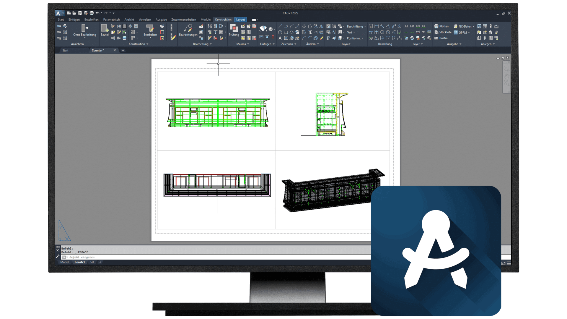 Auf einem Computermonitor werden architektonische CAD-Zeichnungen auf einer Softwareoberfläche angezeigt. Im Vordergrund befindet sich ein blaues Symbol mit einem weißen Zirkelsymbol, das die CAD-Anwendung darstellt.