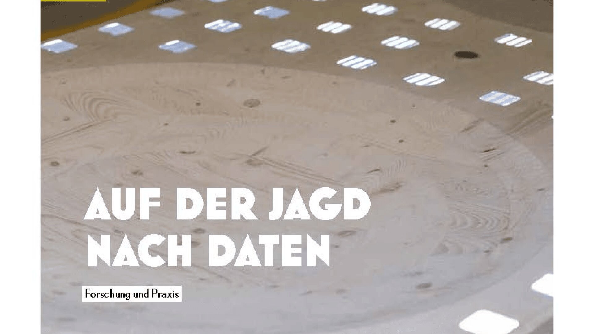 Nahaufnahme einer hellen Holzoberfläche mit quadratischen Löchern, die helles Licht hereinlassen. Der überlagerte Text auf Deutsch lautet AUF DER JAGD NACH DATEN und Forschung und Praxis.