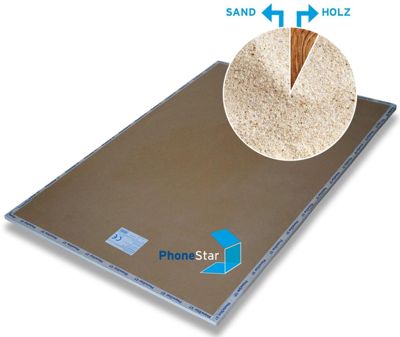 Eine rechteckige PhoneStar-Platte mit einem vergrößerten Ausschnitt, der die inneren Schichten aus Sand und Holz zeigt, beschriftet mit SAND und HOLZ mit Pfeilen und dem PhoneStar-Logo auf der Platte.