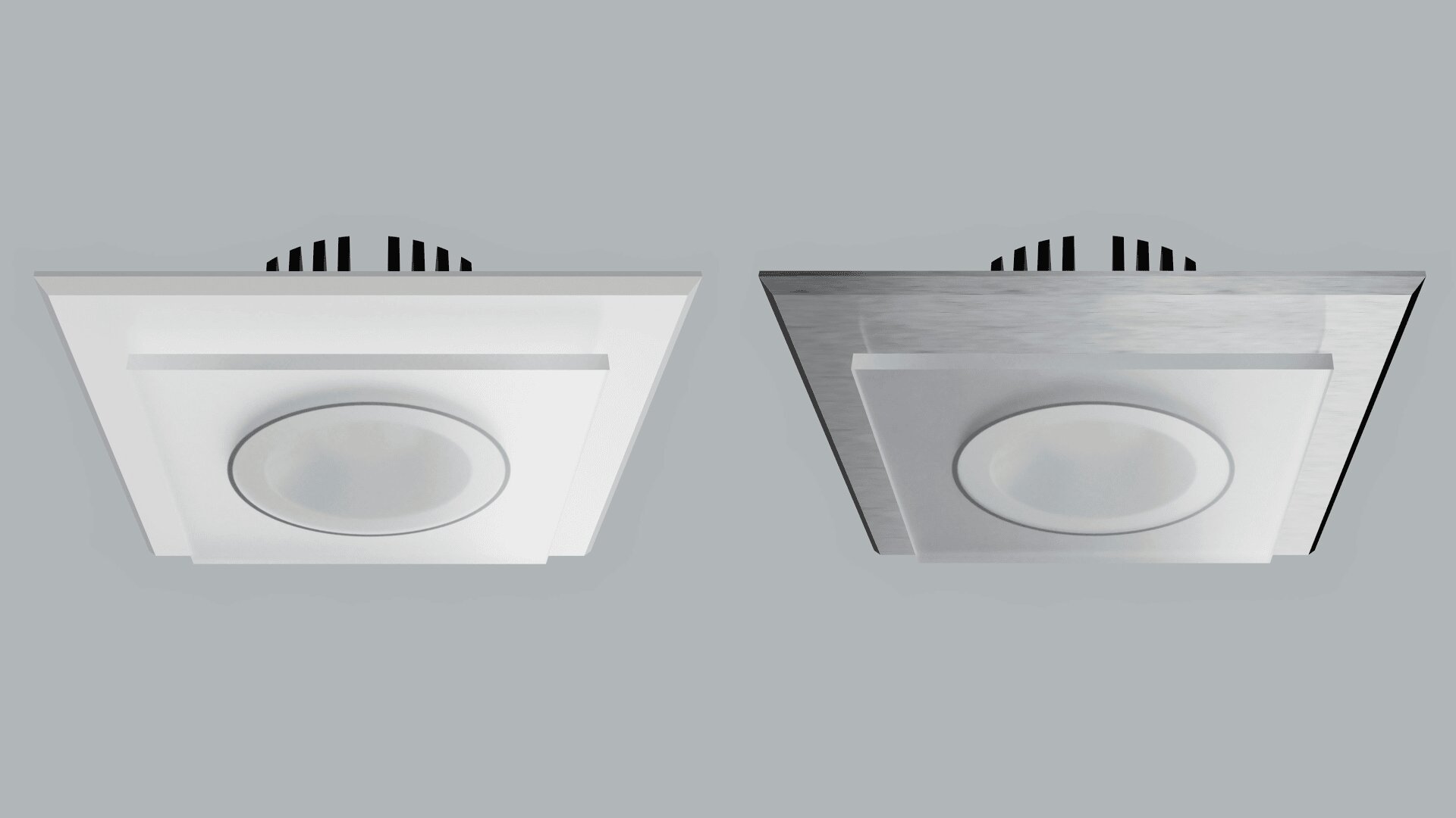 Deux plafonniers encastrés carrés modernes sont présentés côte à côte sur un fond gris. Le luminaire de gauche a un cadre blanc et celui de droite un cadre argenté métallique. Tous deux sont dotés d'une lumière ronde centrale.