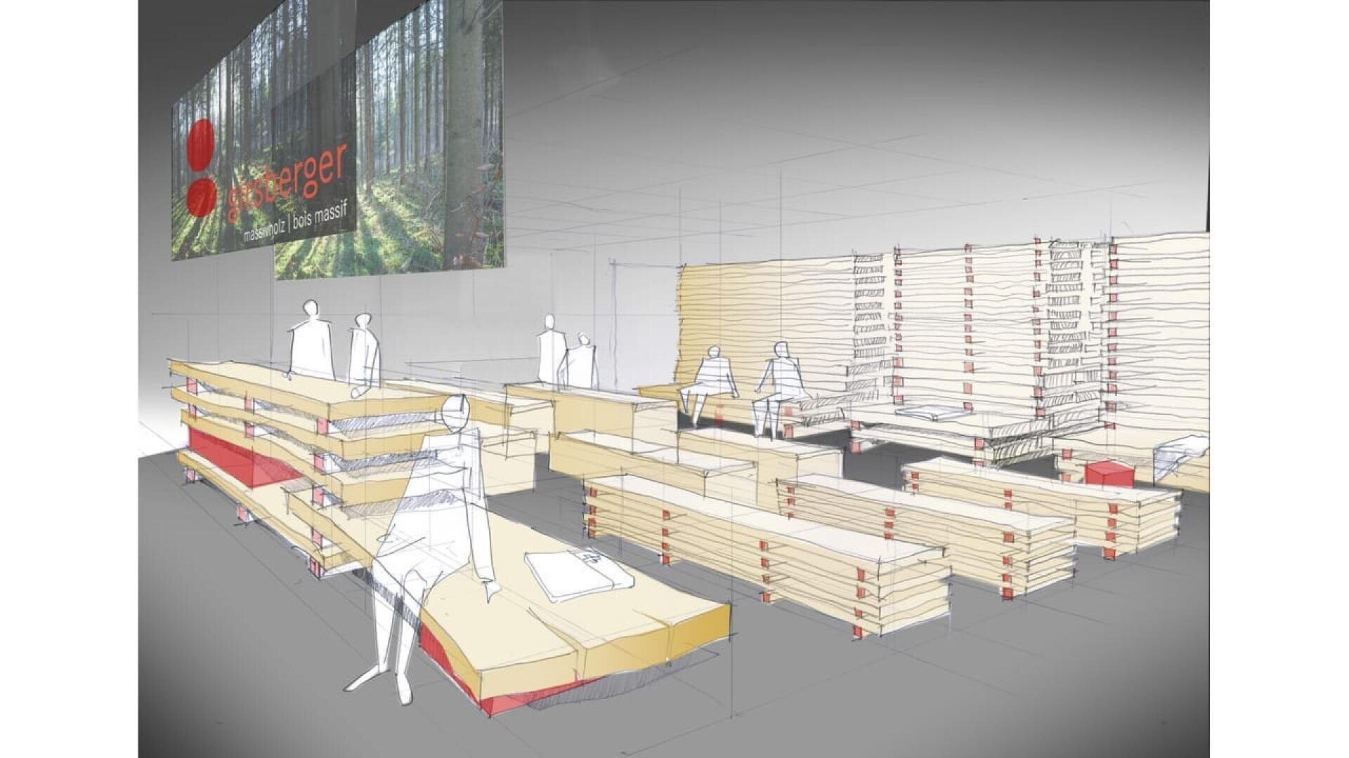 Croquis architectural d'une salle d'exposition moderne et ouverte avec des tables d'exposition et des étagères en bois. Des mannequins sont disposés tout autour et un grand graphique mural représentant une forêt avec un logo est suspendu au-dessus.