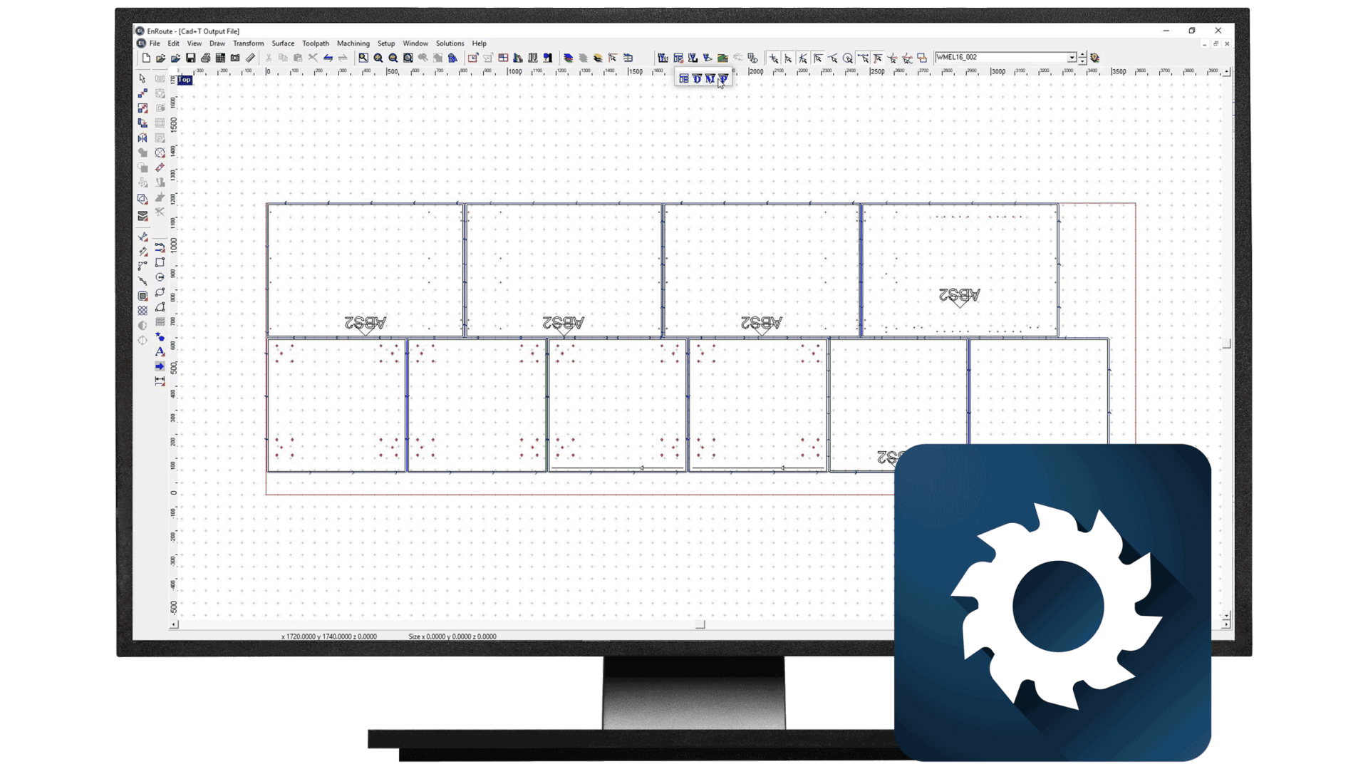 Ein Computermonitor zeigt eine Design-Softwareoberfläche mit einem Raster und mehreren rechteckigen Abschnitten. Davor befindet sich ein blaues, kreisförmiges Symbol mit einem weißen Zahnrad- oder Sägeblattsymbol.