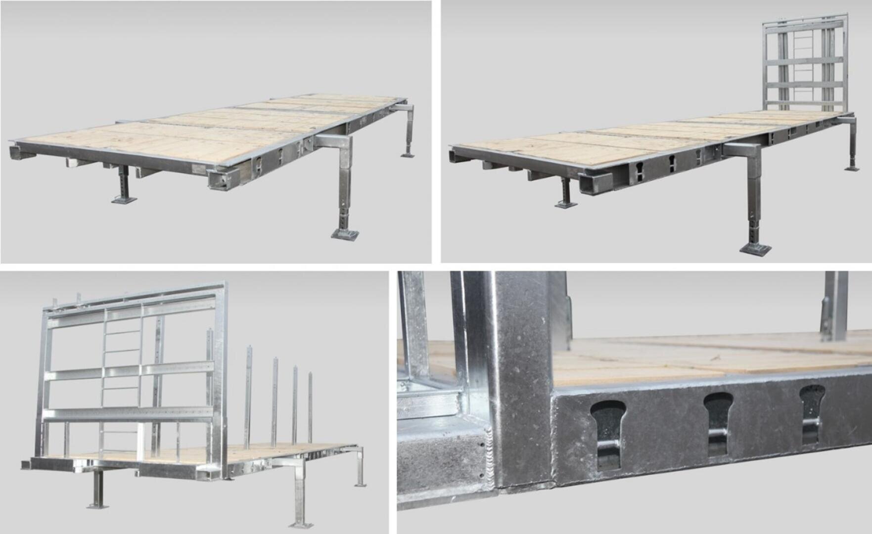 Quatre images montrent différents angles et détails d'une plate-forme à ossature métallique avec des panneaux en bois et des pieds réglables, faisant probablement partie d'une structure modulaire ou portable. Les gros plans mettent en évidence les joints et les éléments de construction.