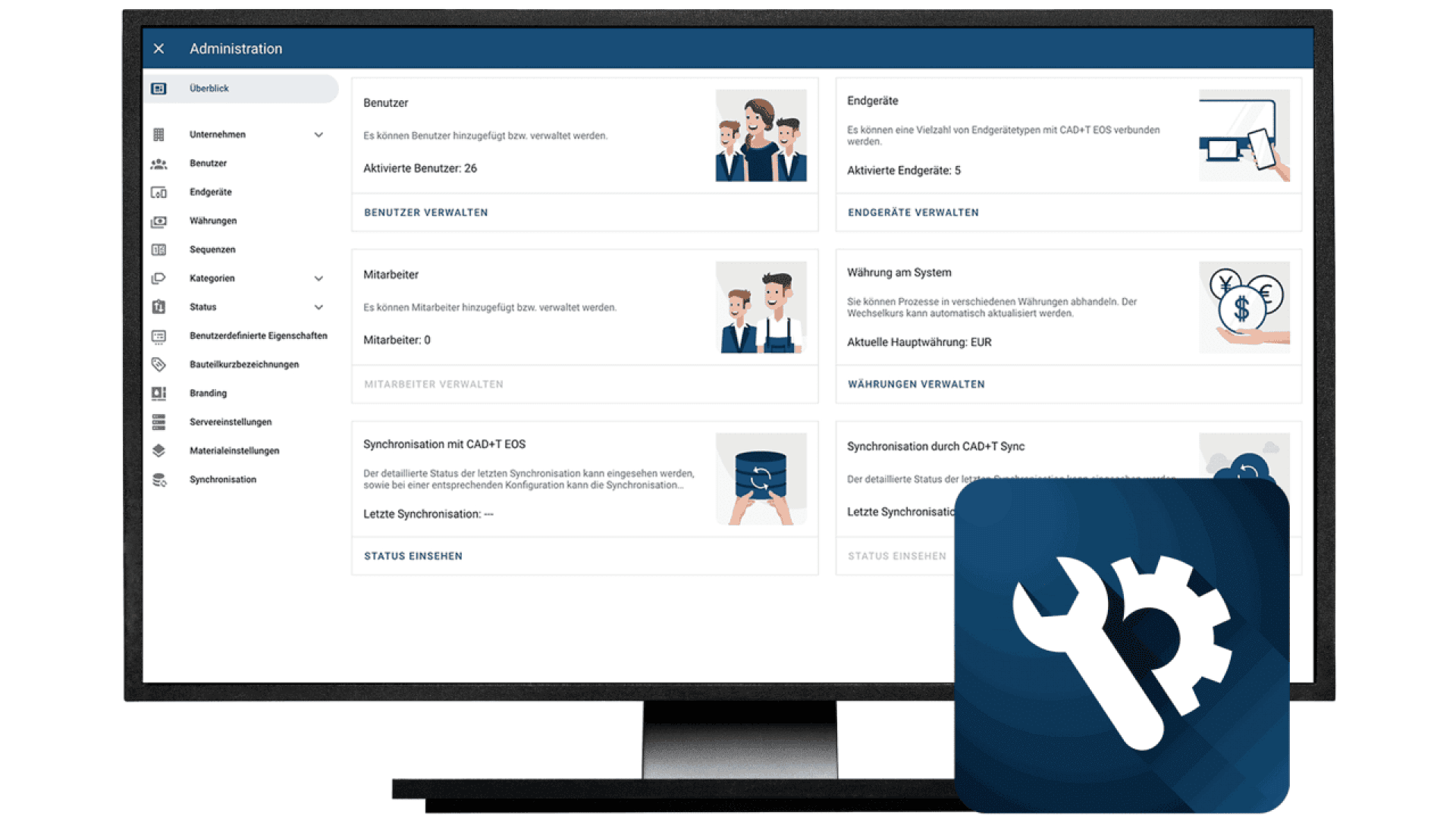 Un écran d'ordinateur affiche un tableau de bord d'administration avec diverses options et icônes de gestion. Au premier plan, une grande icône bleue représentant une clé et un engrenage symbolise les paramètres du système.