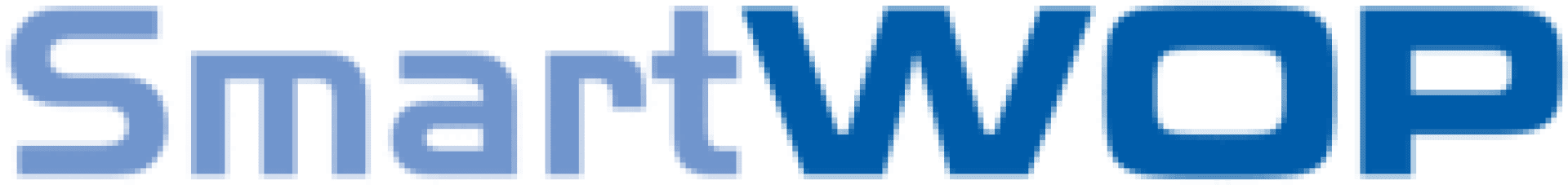 Logo pour SmartWOP avec Smart en bleu clair et WOP en lettres capitales grasses, bleu foncé, sur un fond clair.