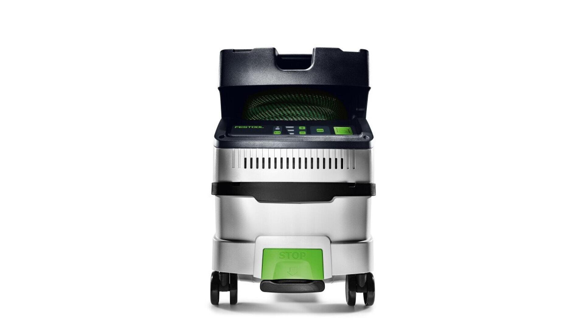 Vue de face d'un aspirateur industriel Festool avec une pédale verte "STOP", un affichage numérique et des roues, le tout sur un fond blanc uni.