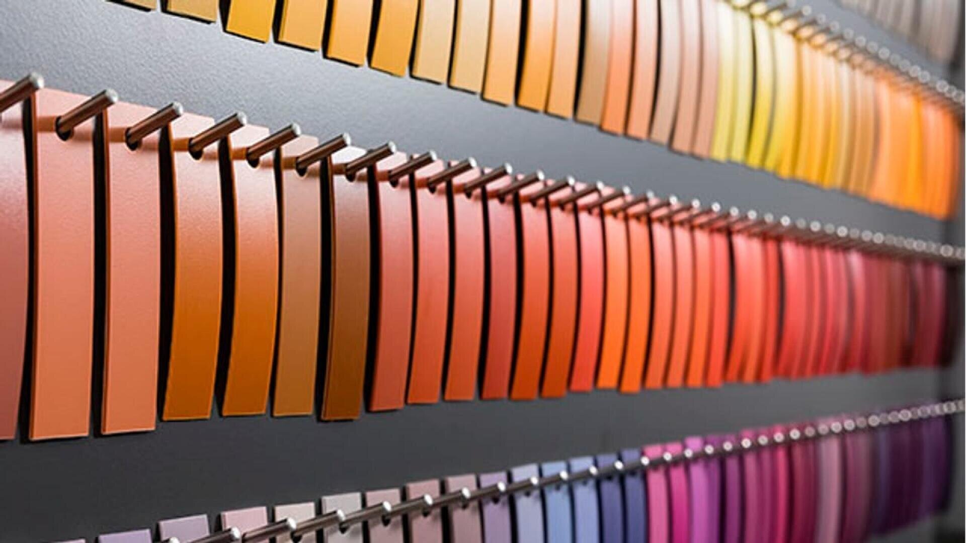 Des rangées d'échantillons de peinture dans des tons chauds, notamment jaunes, oranges, rouges et roses, sont soigneusement disposées sur les étagères d'un magasin.