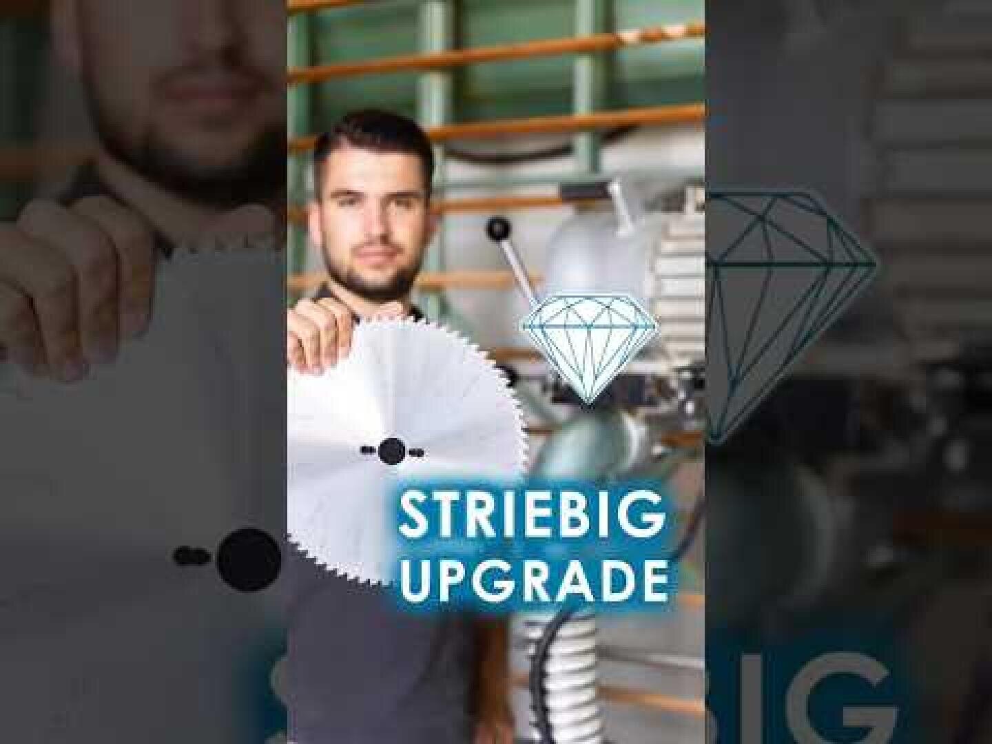 Ein Mann hält ein Kreissägeblatt vor einer Holzbearbeitungsmaschine. Über das Bild sind die Worte „STRIEBIG UPGRADE“ und ein Diamantsymbol eingeblendet.