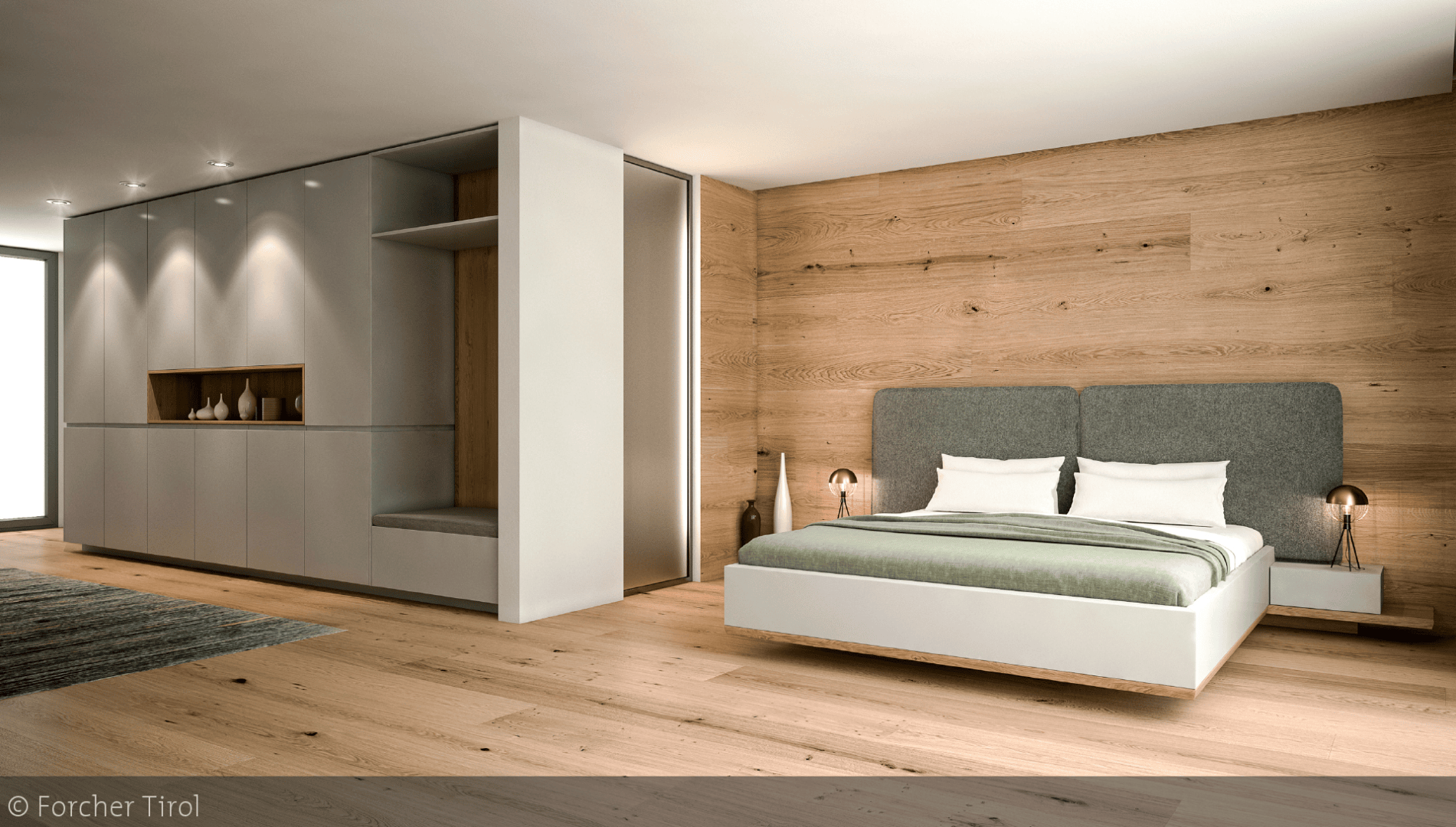 Minimalistisches Schlafzimmer mit hellen Holzböden und Wänden, einem modernen Bett mit grauem Kopfteil, weißer und grauer Bettwäsche, zwei Nachttischen mit Lampen, Einbauschränken und dekorativen Vasen. Der Raum ist gut beleuchtet und übersichtlich.