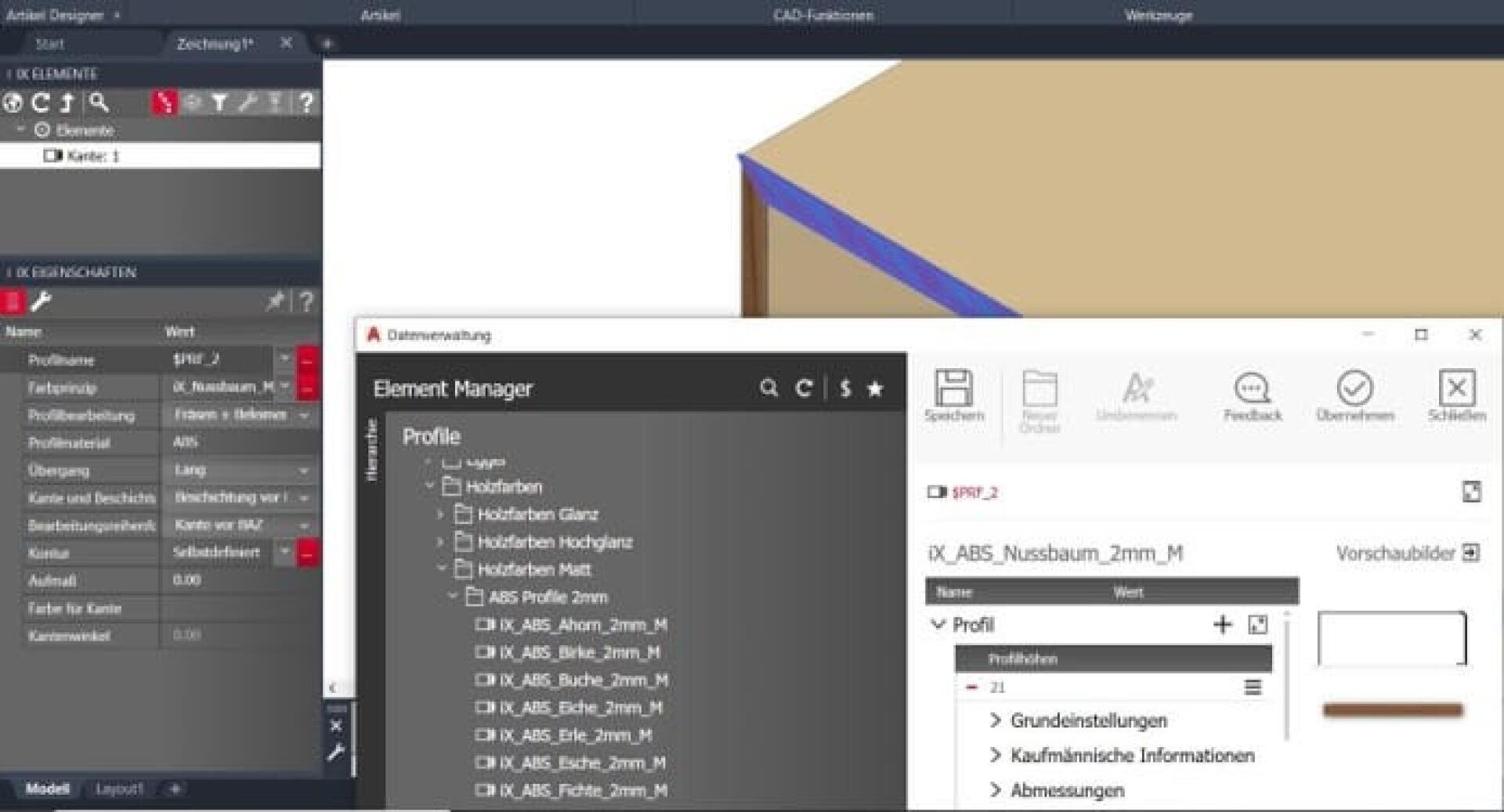Capture d'écran de l'interface d'un logiciel de CAO montrant un modèle 3D d'une boîte dans la vue principale, avec divers panneaux latéraux ouverts pour la gestion des éléments, les propriétés et la navigation dans les fichiers.