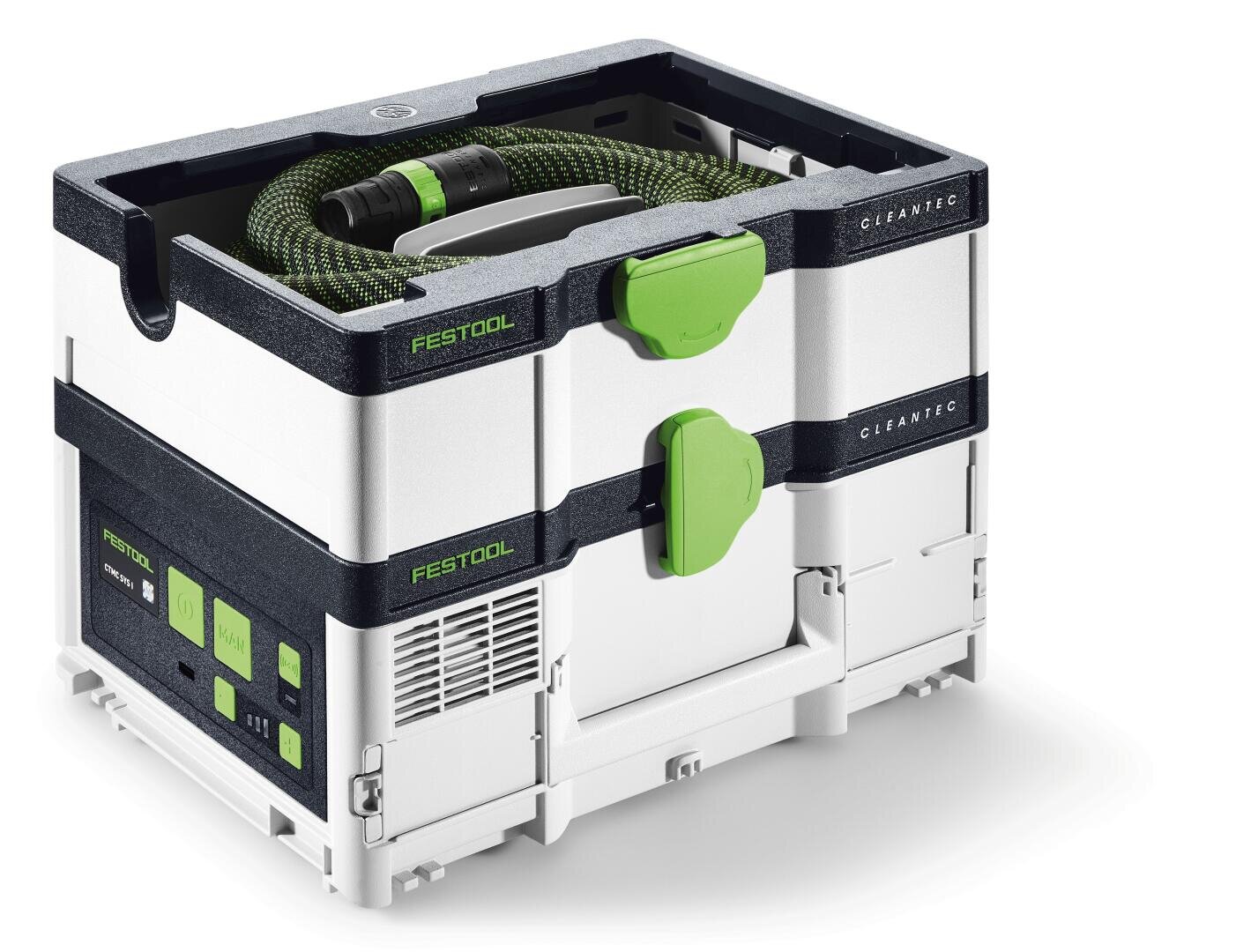 Ein tragbarer Staubsauger Cleantec von Festool mit grünem und schwarzem Schlauch, der oben aufgerollt ist, mit grünen Riegelgriffen und einem kompakten, stapelbaren weißen und schwarzen Gehäuse.