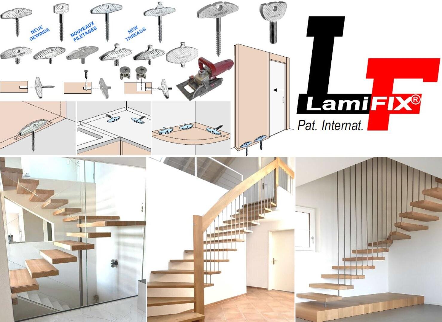 Eine Collage, die das LamiFIX-Material, Montagezeichnungen, das LamiFIX-Logo und Fotos von modernen schwebenden Holztreppen mit Metallgeländern in hellen Innenräumen zeigt.