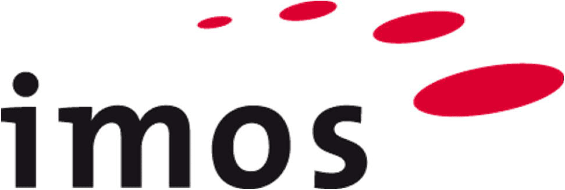 L'image montre le mot imos en lettres minuscules noires et grasses, avec quatre formes ovales rouges en arc de cercle au-dessus des lettres, commençant par une petite taille et augmentant de gauche à droite.