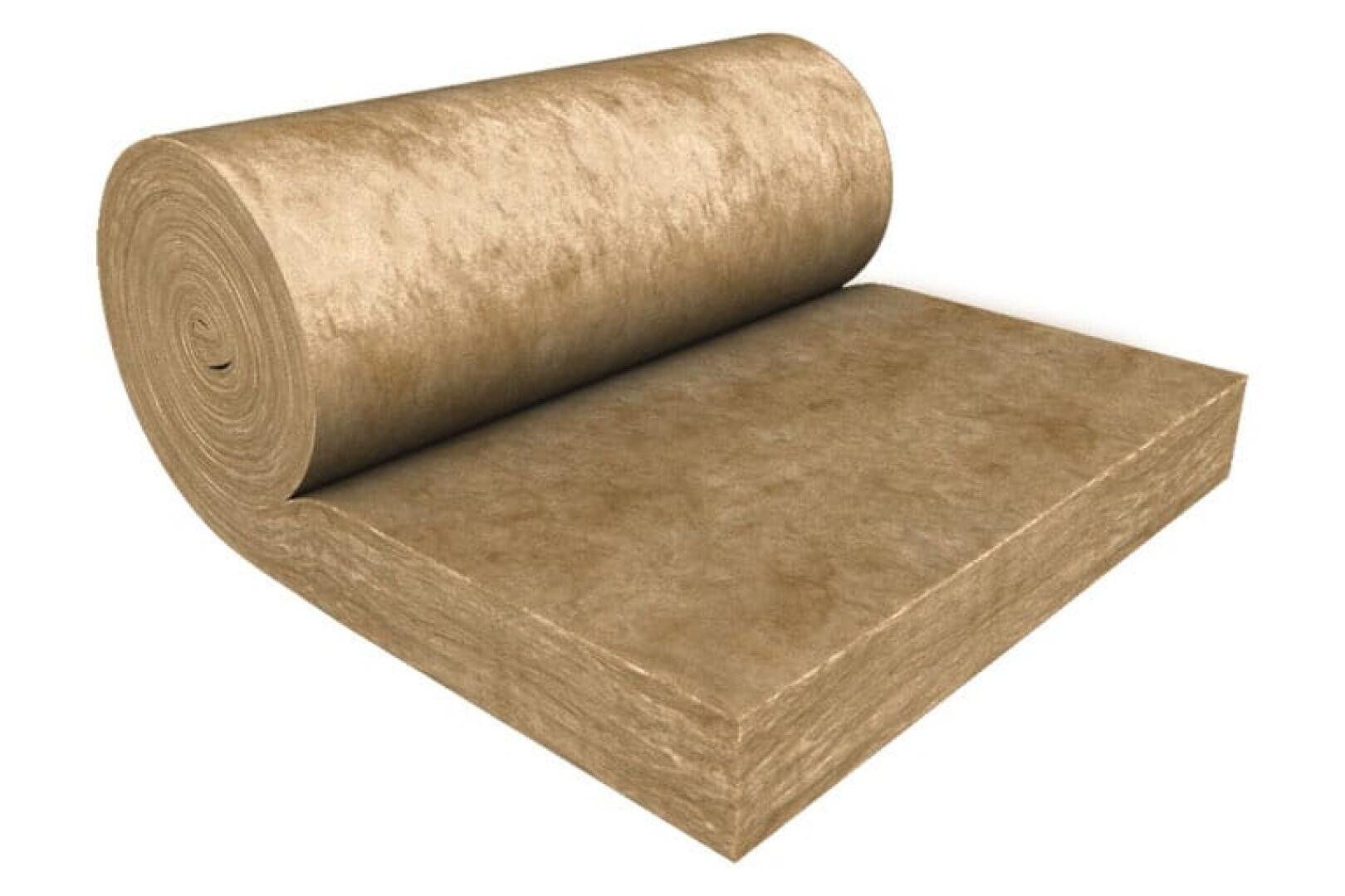 Große Rolle aus brauner Glasfaser oder Mineralwolle, die teilweise abgerollt wird und ihre dicke, faserige Textur offenbart. Wird für die Wärme- oder Schalldämmung von Gebäuden verwendet.