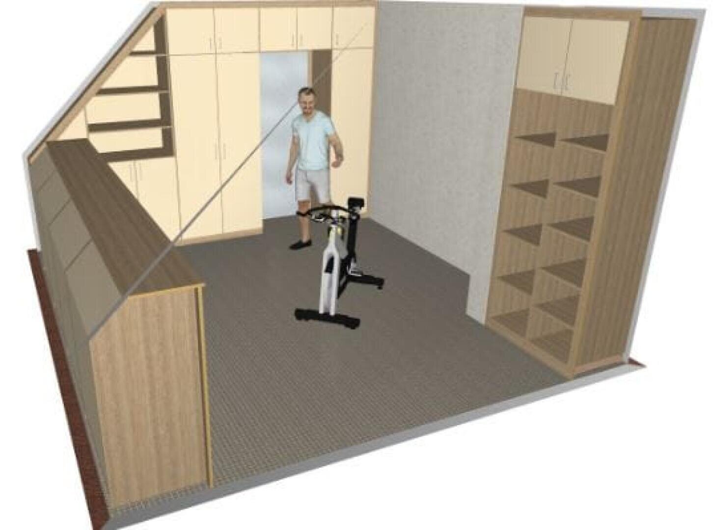 Rendu 3D d'une petite pièce avec des meubles de rangement en bois intégrés, des étagères ouvertes, un vélo d'appartement au centre et une personne debout près du mur du fond, tournée vers l'avant.
