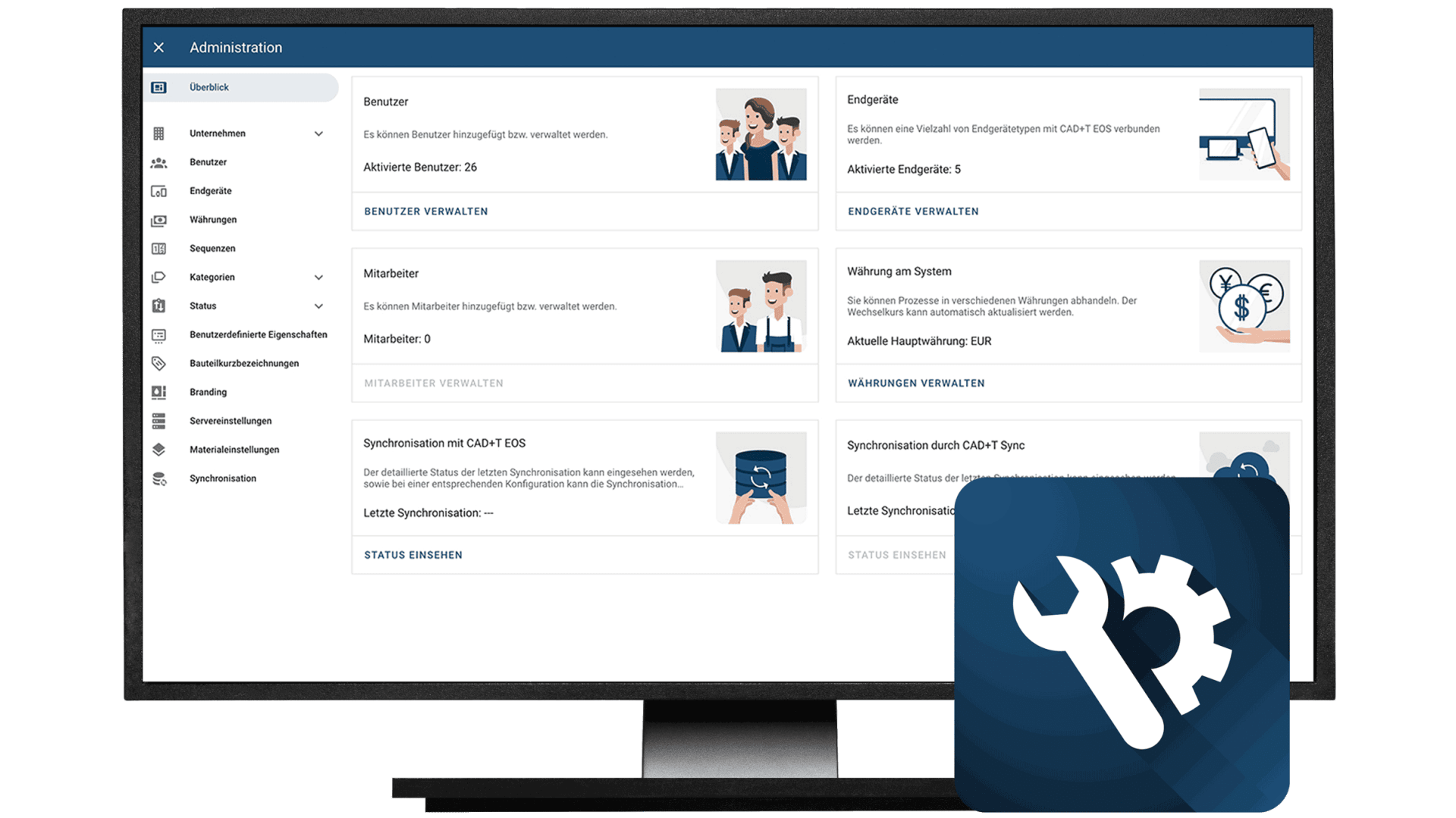 Ein Computermonitor zeigt ein Administrations-Dashboard mit Benutzer-, System- und Synchronisationsoptionen an. In der unteren rechten Ecke wird ein Symbol mit einem weißen Schraubenschlüssel und einem Zahnrad auf blauem Hintergrund angezeigt.