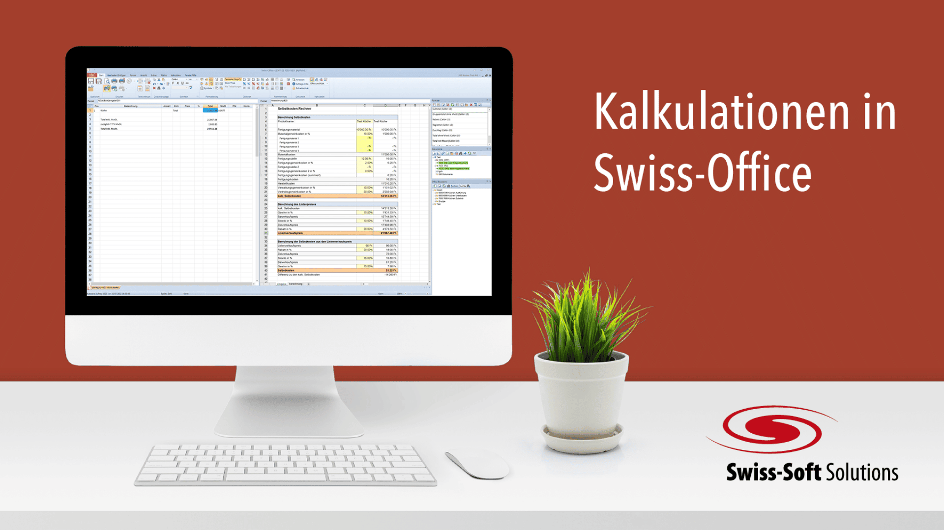 Ein Computer auf einem weißen Schreibtisch zeigt eine Tabellenkalkulation an. Daneben stehen eine Topfpflanze und eine Maus. Auf dem Bildschirm steht Kalkulationen in Swiss-Office und das Logo von Swiss-Soft Solutions.