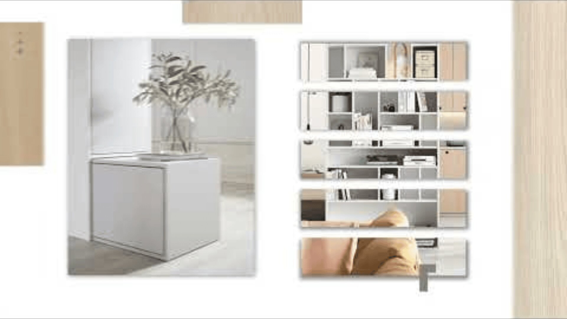 Ein minimalistischer, moderner Beistelltisch in Form eines weißen Würfels neben einer Pflanze, mit einer Collage aus Wohnregalen und Dekorationsgegenständen auf der rechten Seite, alles vor einem neutralen Hintergrund mit Akzenten aus hellem Holz.