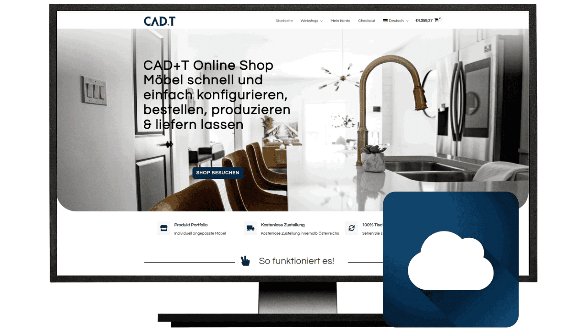 Un écran d'ordinateur affiche la page d'accueil de la boutique en ligne de CAD+T, montrant une cuisine moderne avec un texte sur la configuration et la commande de meubles. Une icône d'application avec un symbole de nuage apparaît au premier plan.