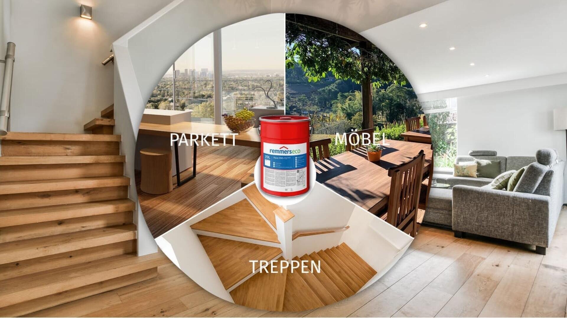 Un graphique circulaire montre trois zones de la maison : parkett (parquet), möbel (meubles) et treppen (escaliers), avec un pot de peinture au centre, illustrant les utilisations d'un produit de traitement du bois. Les escaliers et le salon sont à l'arrière-plan.
