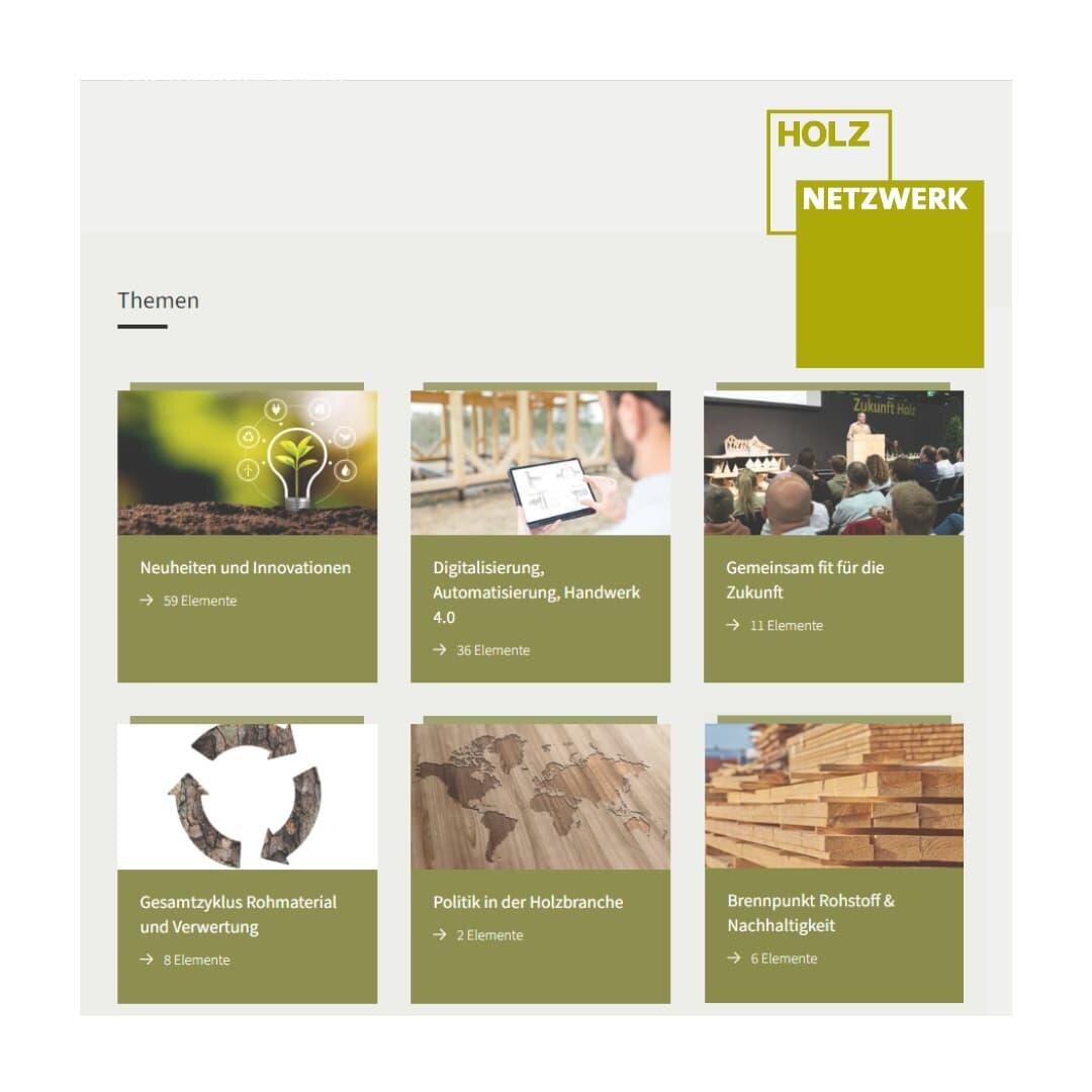 Eine Rubrik auf der Website zeigt Themen rund um Holz, darunter Innovation, Digitalisierung, Nachhaltigkeit, Ressourcen, Industriepolitik und Rohstoffkreisläufe. In der Kopfzeile steht HOLZ NETZWERK in grünen und gelben Kästen.