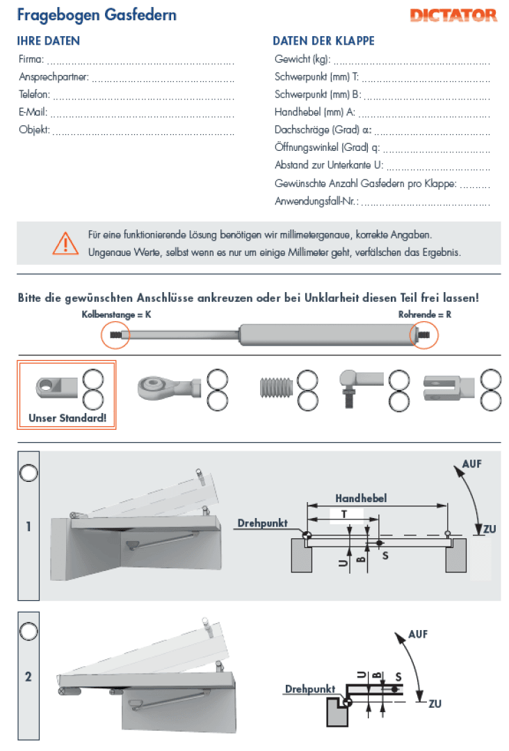 Formular zur Spezifizierung der Gasfederanforderungen mit Optionen für Endstücke, Diagrammen von Griff und Drehpunkten, Kästchen zur Auswahl und Abschnitten zum Ausfüllen der persönlichen und technischen Daten. DICTATOR Schriftzug oben rechts.
