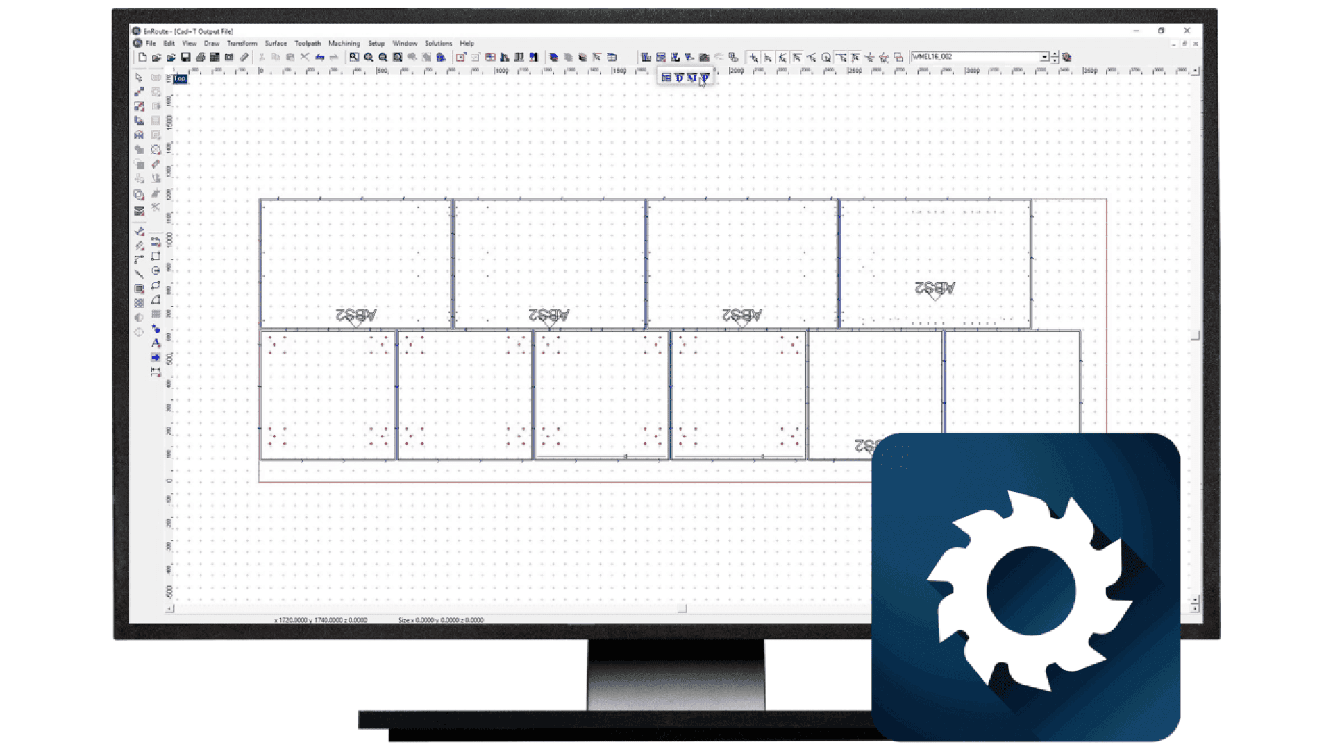 Un écran d'ordinateur affiche une conception de panneau dans le logiciel optiCutter, avec diverses sections rectangulaires sur une grille. Le logo d'optiCutter, une lame de scie circulaire blanche, apparaît dans le coin inférieur droit.