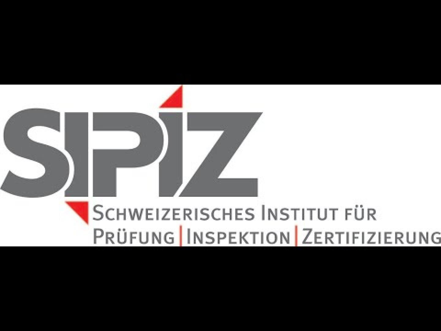 Logo des SPIZ mit großen grauen Buchstaben und einem roten Dreieck. Darunter steht der Text Schweizerisches Institut für Prüfung Inspektion Zertifizierung, getrennt durch rote vertikale Linien.