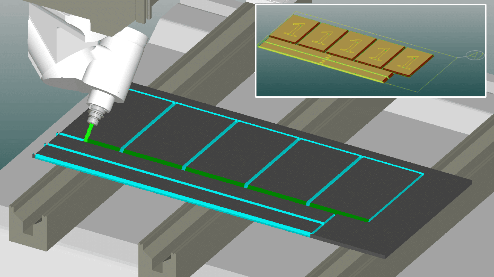 Ein CNC-Maschinenkopf trägt grünes Material entlang umrissener Abschnitte auf eine dunkle rechteckige Platte auf. Ein beigefügtes Diagramm zeigt vier braune Rechtecke mit der Bezeichnung 1111 und gelben Messlinien.