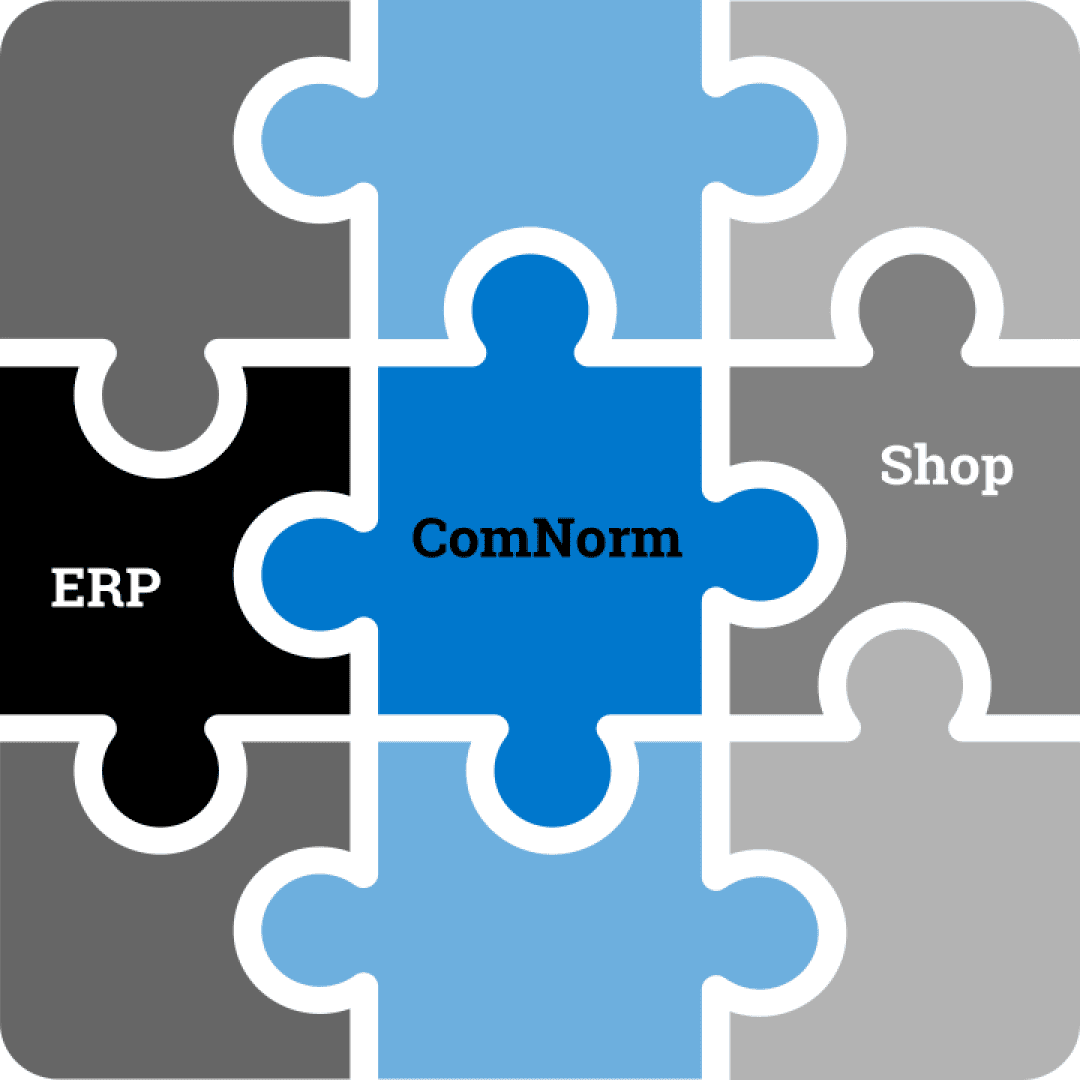 Un puzzle composé de six pièces imbriquées étiquetées ERP, Shop et ComNorm, avec ComNorm centré en bleu et d'autres pièces dans des tons de noir, gris et bleu, représentant l'intégration ou la connexion.