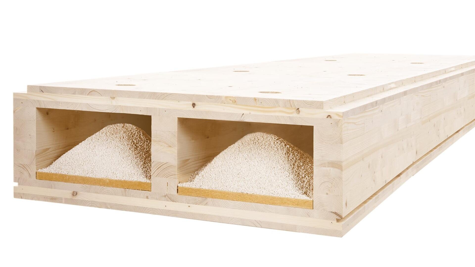 Eine große Holzbauplatte mit zwei rechteckigen Öffnungen, in deren Innerem sich Haufen heller Holzspäne oder -granulate befinden, die das innere Isoliermaterial der Platte veranschaulichen.
