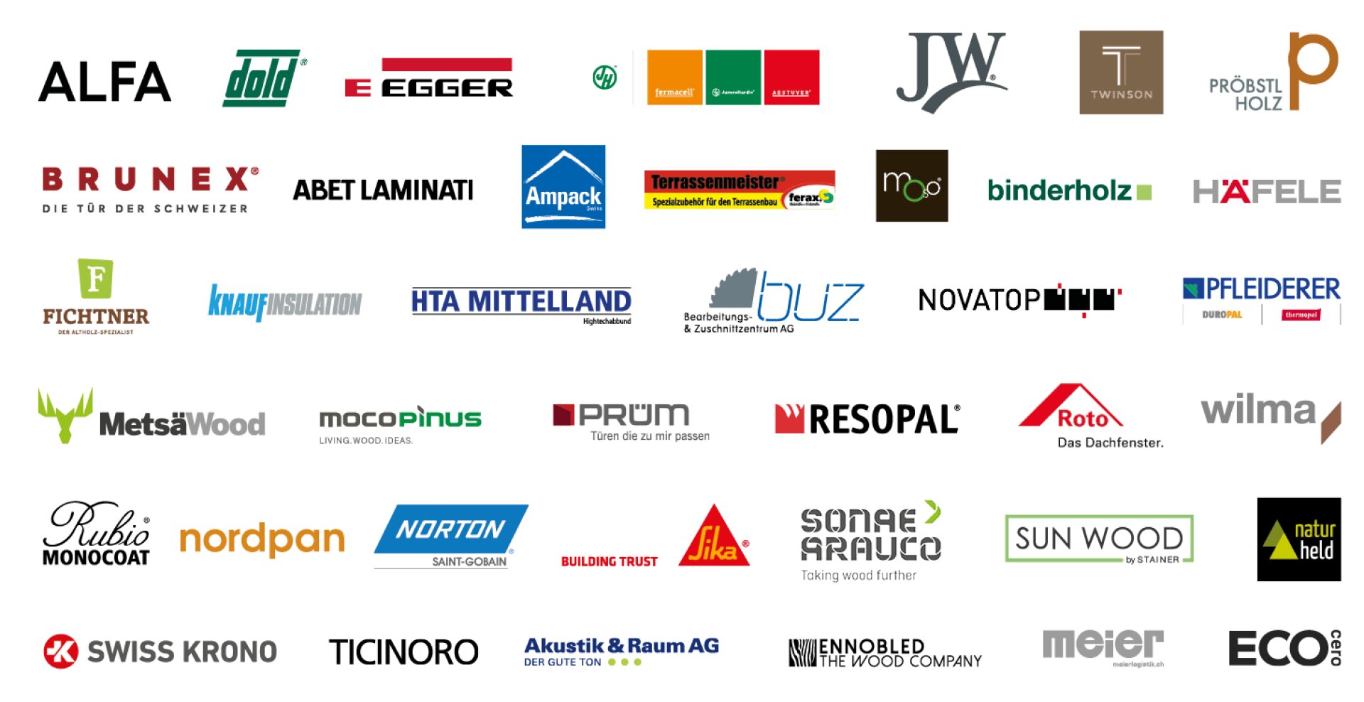 Eine Sammlung von 40 rechteckigen Logos von verschiedenen Holz-, Bau- und Industriemarken, die in fünf Reihen vor einem weißen Hintergrund angeordnet sind. Jedes Logo weist unterschiedliche Farben, Schriftarten und grafische Elemente auf.